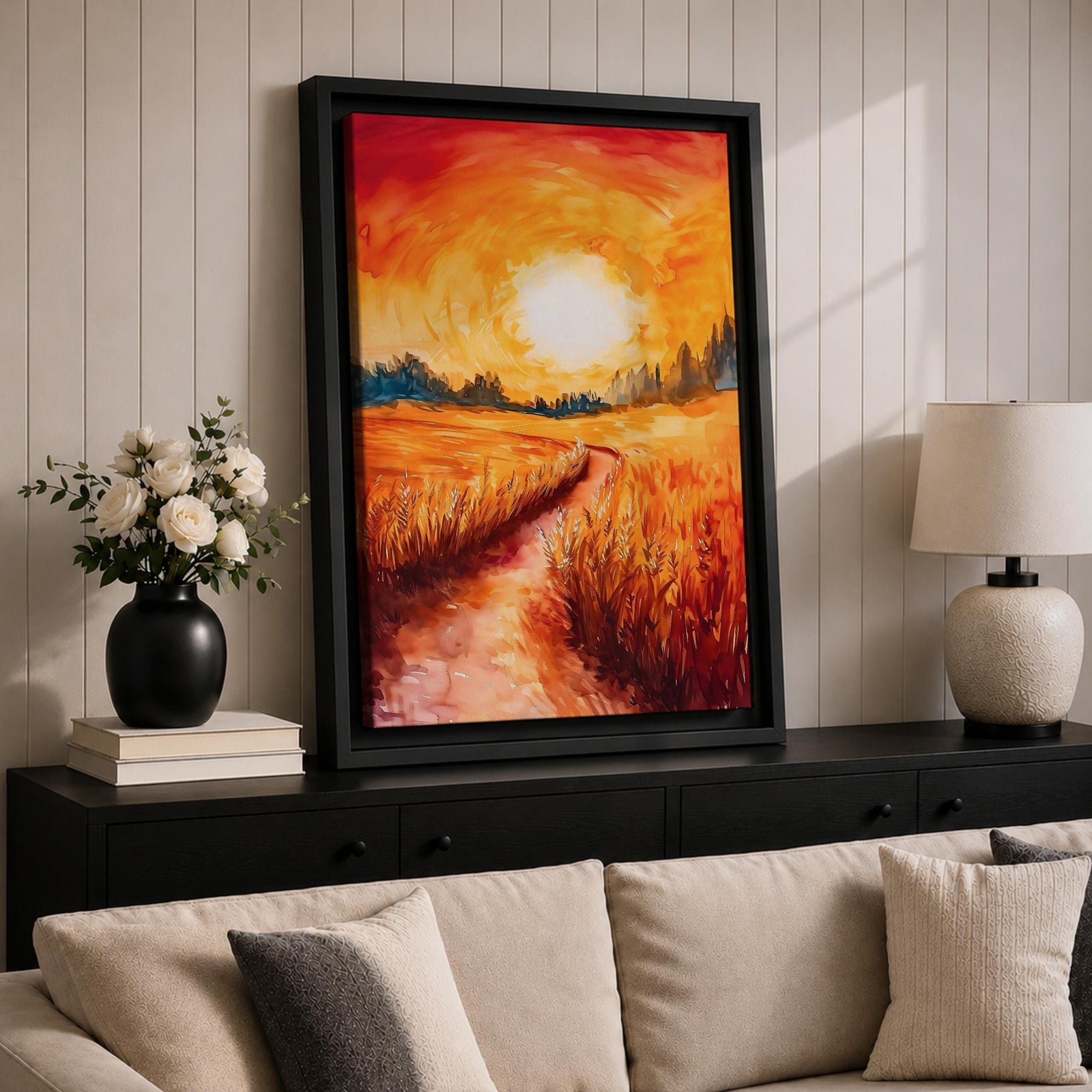 Golden Wheat Field Wall Art Sunset Path Framed Canvas Rustic Landscape Living Room Decor