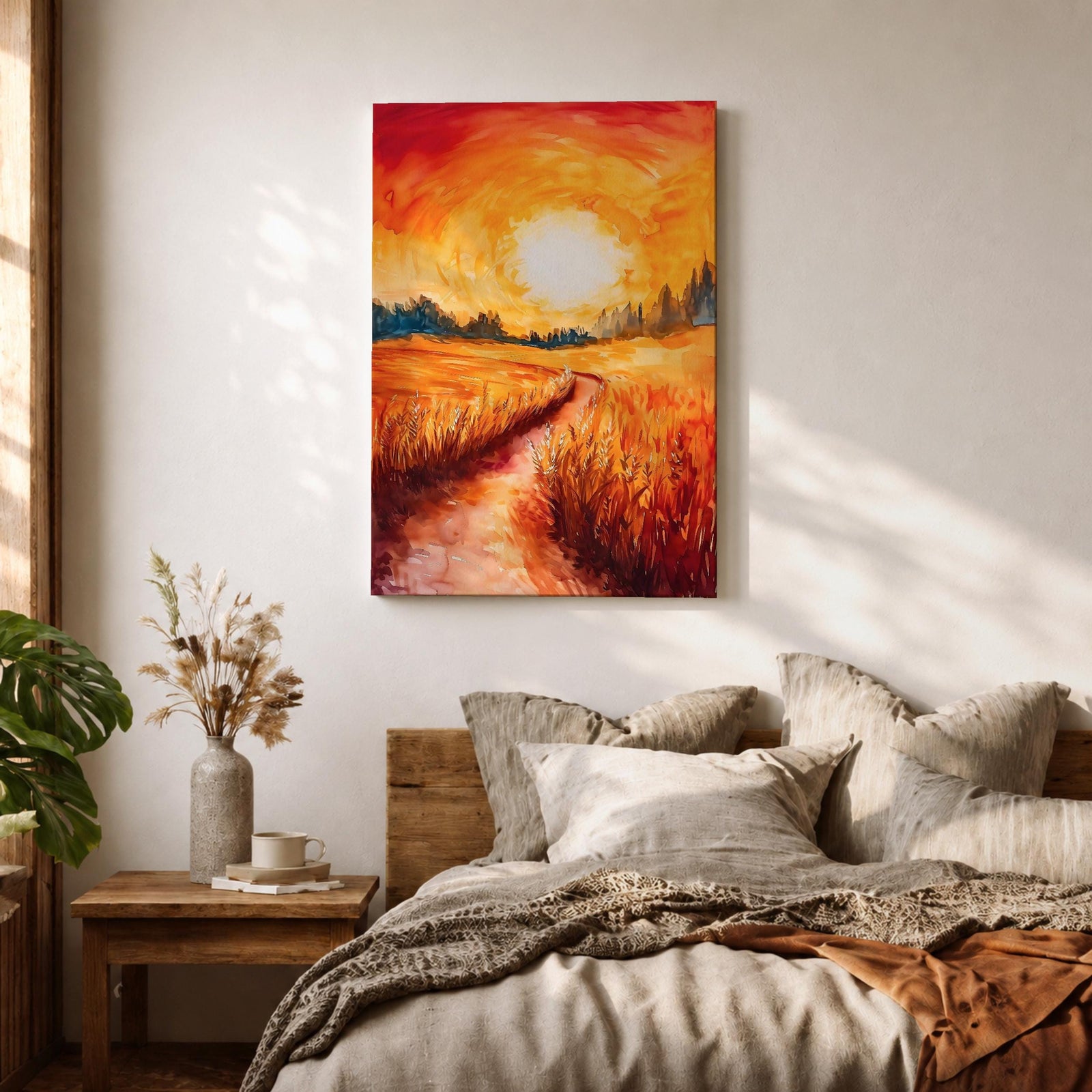 Golden Wheat Field Wall Art Sunset Path Framed Canvas Rustic Landscape Living Room Decor