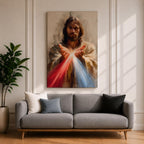 Divine Mercy Jesus Wall Art Christ Framed Canvas Red Blue Rays Catholic Boho Decor