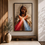 Divine Mercy Jesus Wall Art Christ Framed Canvas Red Blue Rays Catholic Boho Decor