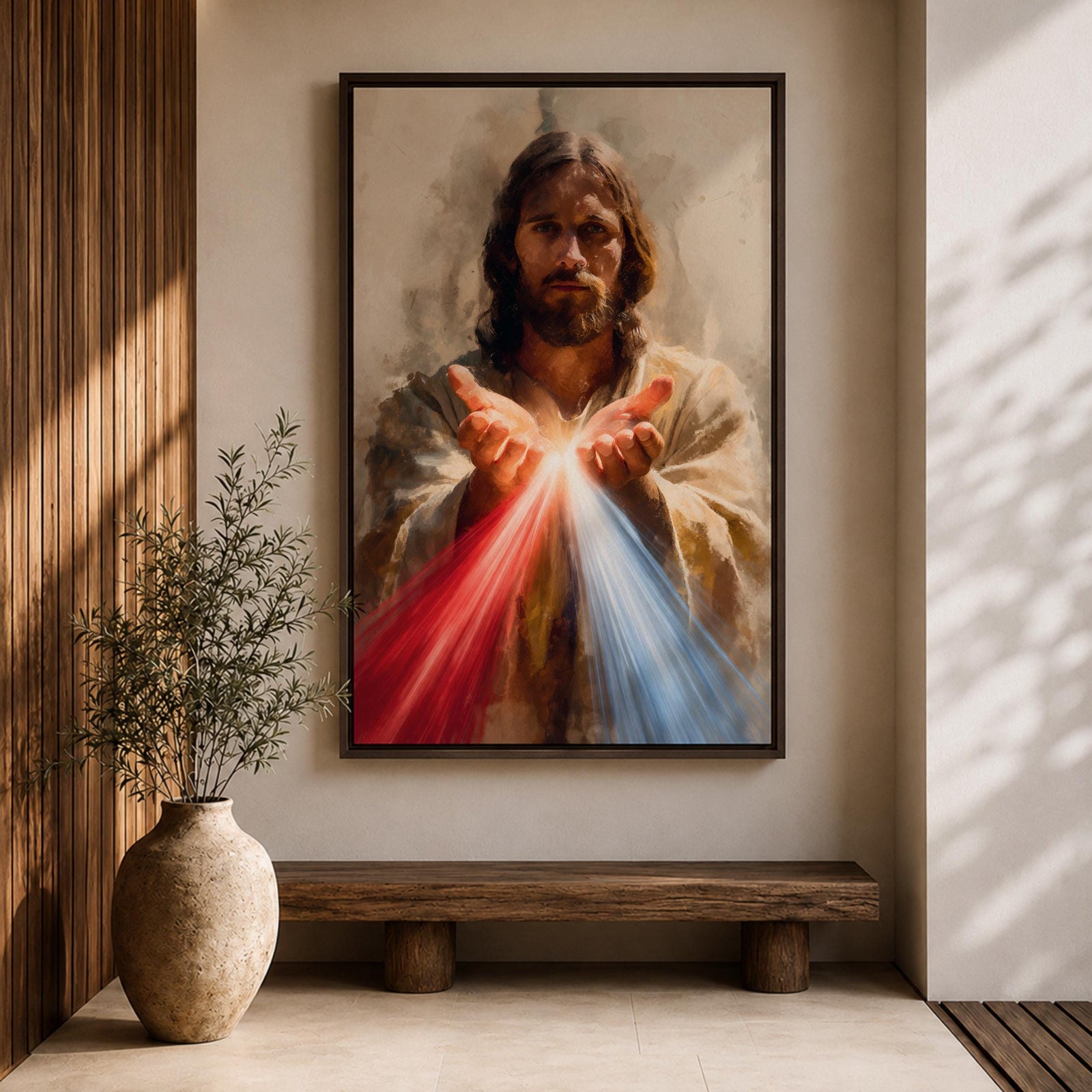Divine Mercy Jesus Wall Art Christ Framed Canvas Red Blue Rays Catholic Boho Decor