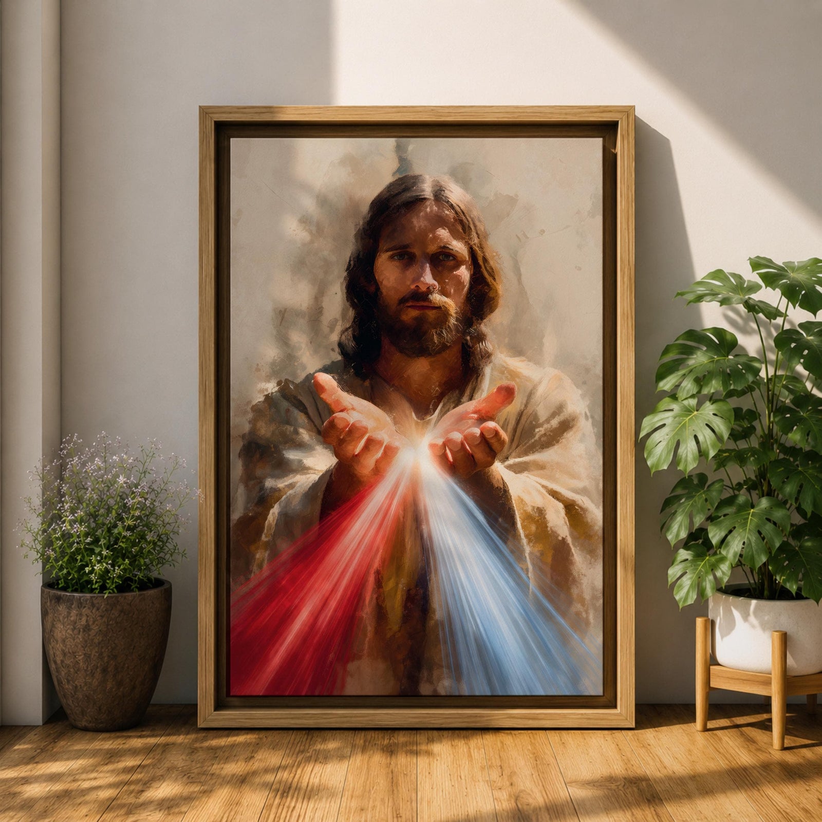 Divine Mercy Jesus Wall Art Christ Framed Canvas Red Blue Rays Catholic Boho Decor