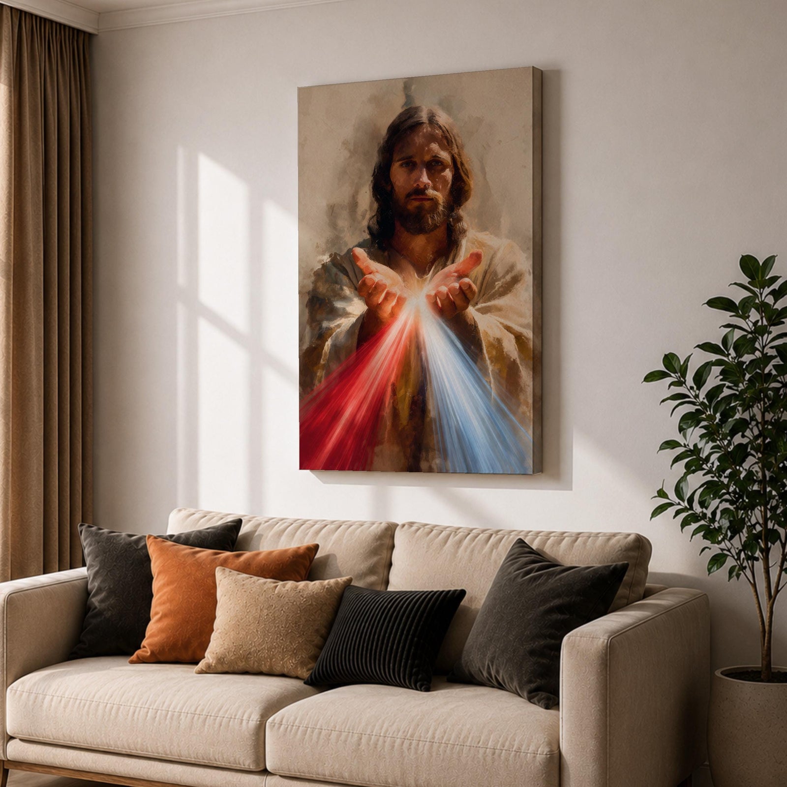 Divine Mercy Jesus Wall Art Christ Framed Canvas Red Blue Rays Catholic Boho Decor