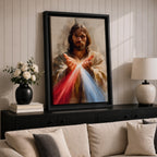 Divine Mercy Jesus Wall Art Christ Framed Canvas Red Blue Rays Catholic Boho Decor
