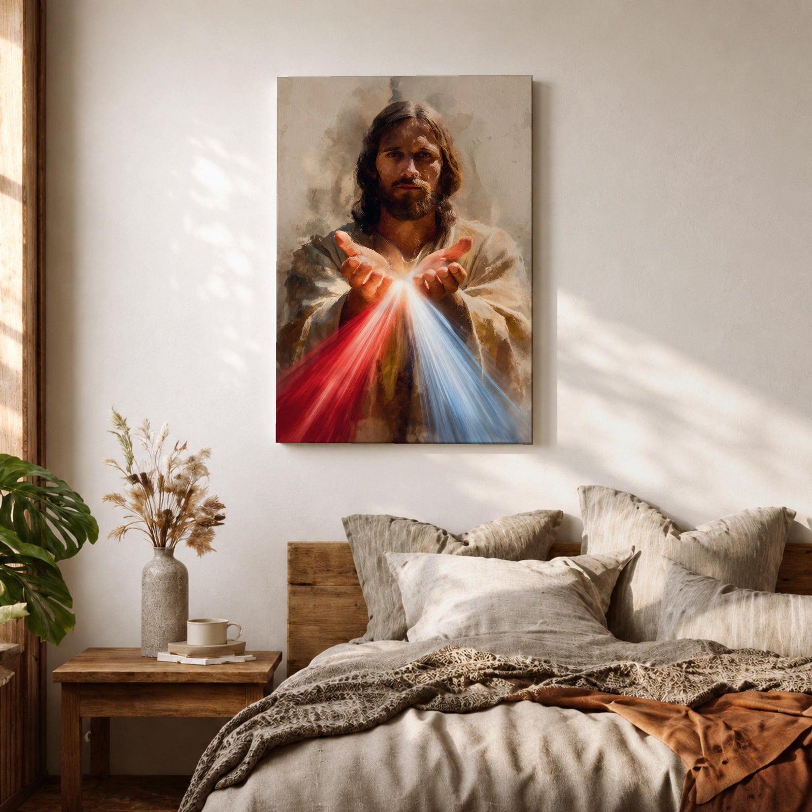Divine Mercy Jesus Wall Art Christ Framed Canvas Red Blue Rays Catholic Boho Decor