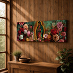 A long narrow panoramic painting shows Virgen de Guadalupe centered in prayer within a radiant halo, surrounded by richly detailed blooming flowers, with textured abstract layers and deep earthy tones blending with vibrant florals to create depth, contrast, and a luminous devotional focal point in an expressive style.