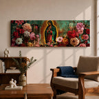 A long narrow panoramic painting shows Virgen de Guadalupe centered in prayer within a radiant halo, surrounded by richly detailed blooming flowers, with textured abstract layers and deep earthy tones blending with vibrant florals to create depth, contrast, and a luminous devotional focal point in an expressive style.