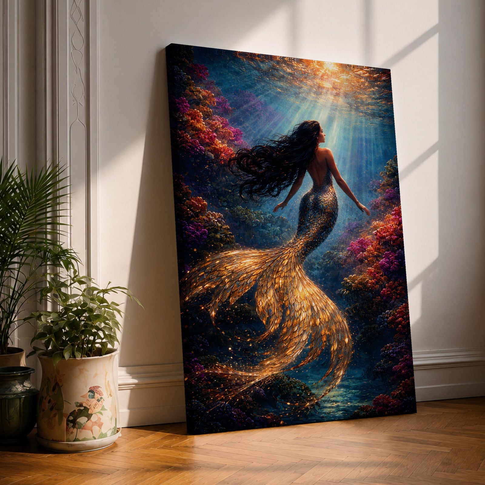 Mermaid Wall Art Golden Scales Framed Canvas Coral Reef Siren Underwater Fantasy Coastal Decor