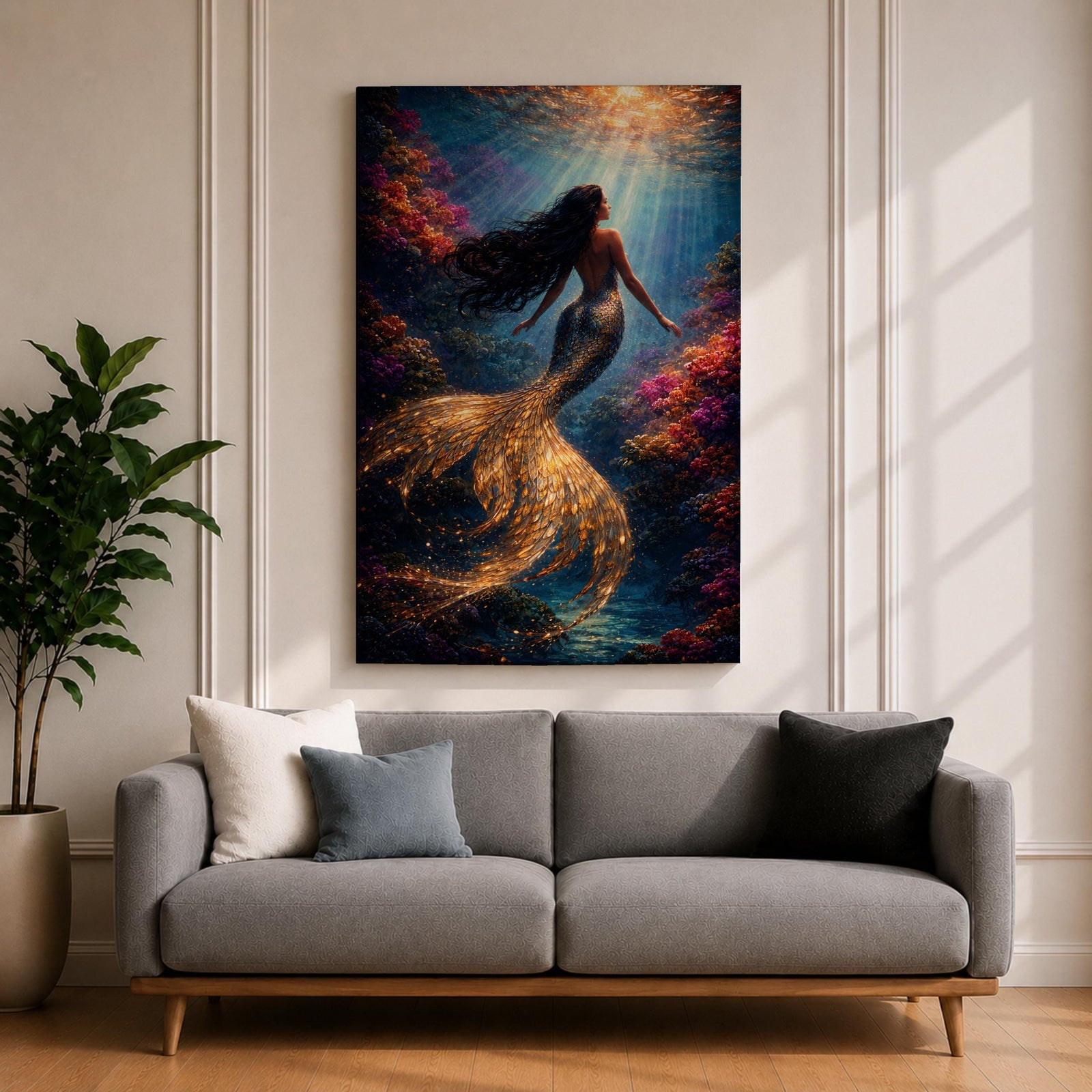 Mermaid Wall Art Golden Scales Framed Canvas Coral Reef Siren Underwater Fantasy Coastal Decor