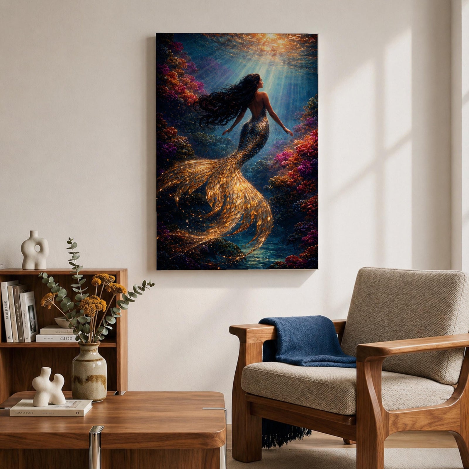 Mermaid Wall Art Golden Scales Framed Canvas Coral Reef Siren Underwater Fantasy Coastal Decor