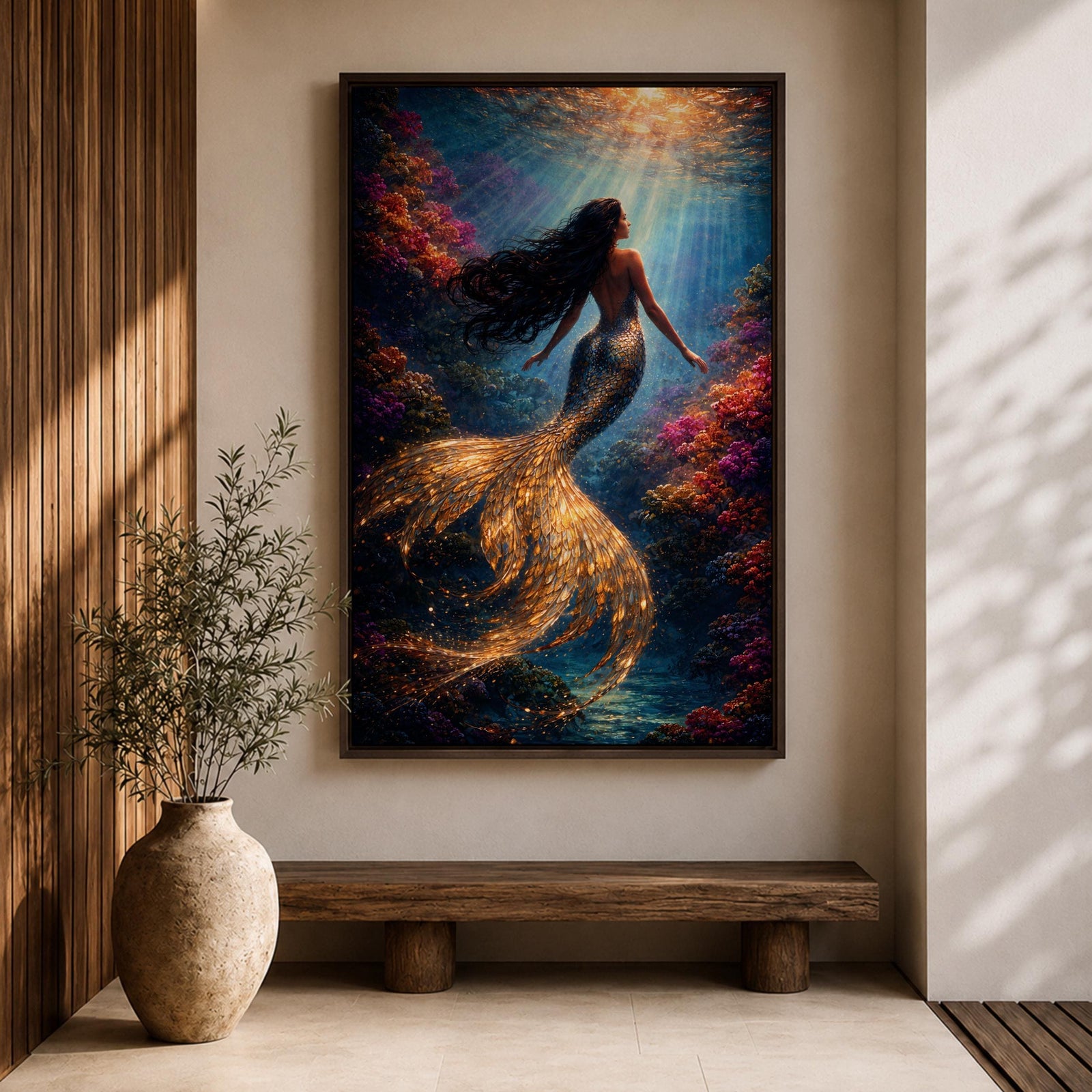 Mermaid Wall Art Golden Scales Framed Canvas Coral Reef Siren Underwater Fantasy Coastal Decor
