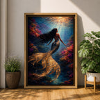 Mermaid Wall Art Golden Scales Framed Canvas Coral Reef Siren Underwater Fantasy Coastal Decor