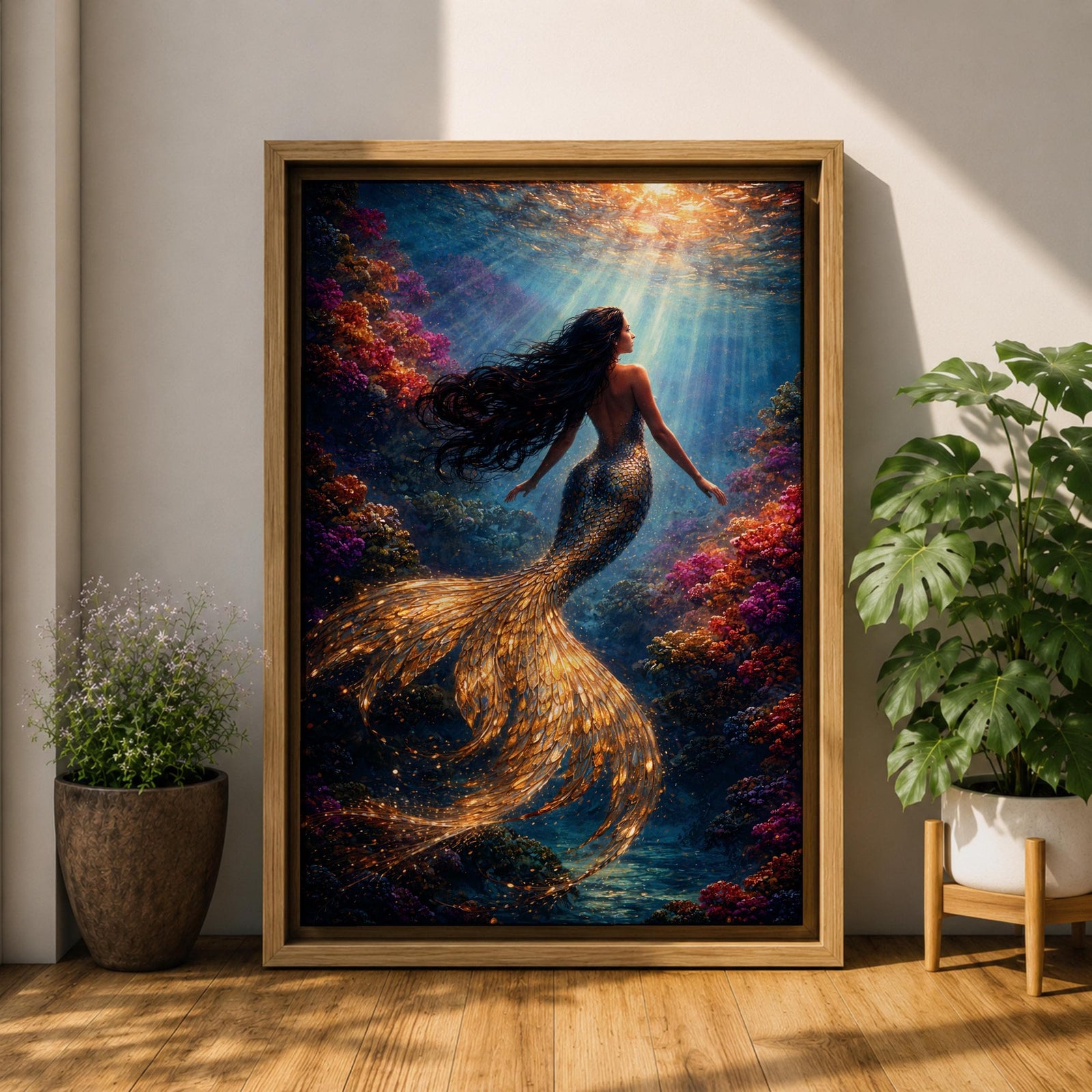 Mermaid Wall Art Golden Scales Framed Canvas Coral Reef Siren Underwater Fantasy Coastal Decor