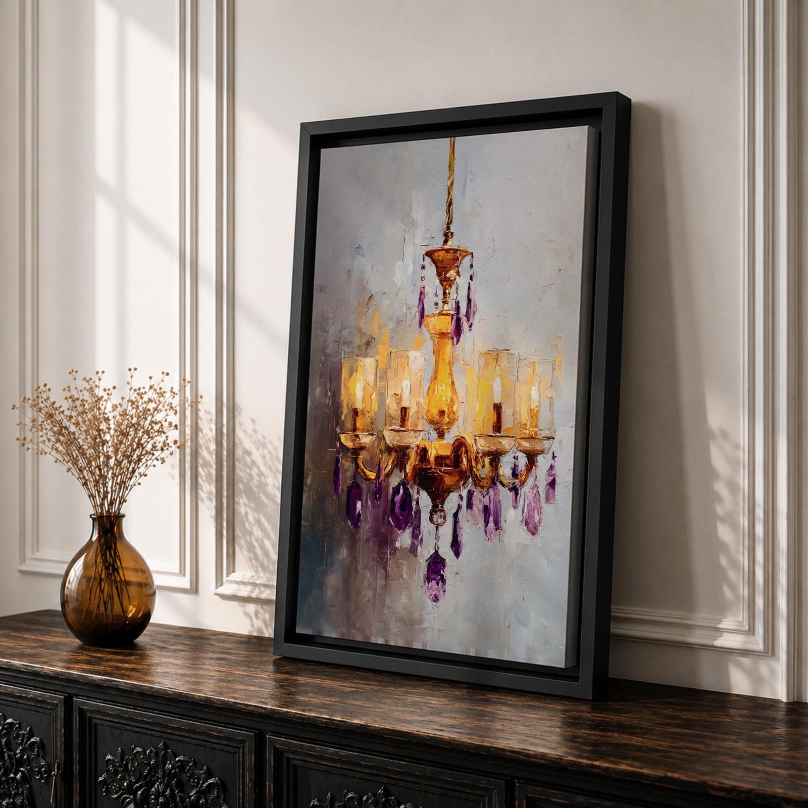 Chandelier Wall Art Modern Lighting Framed Canvas Purple Gold Crystal Abstract Elegant Wall Decor