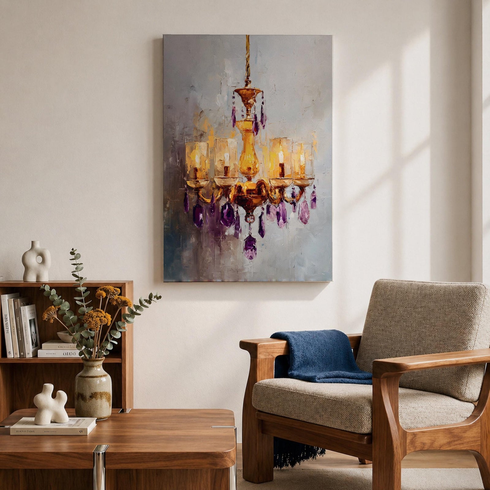 Chandelier Wall Art Modern Lighting Framed Canvas Purple Gold Crystal Abstract Elegant Wall Decor