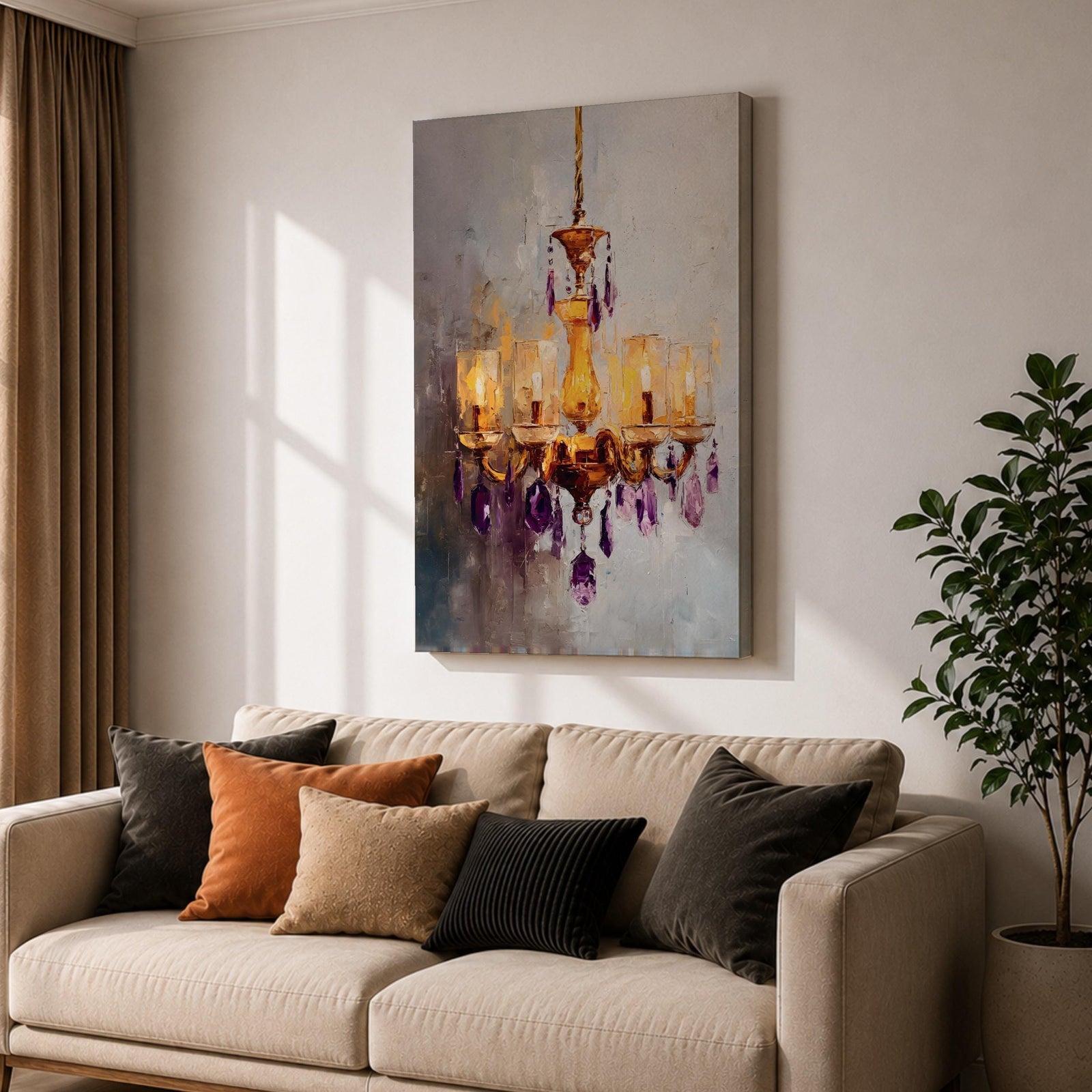 Chandelier Wall Art Modern Lighting Framed Canvas Purple Gold Crystal Abstract Elegant Wall Decor
