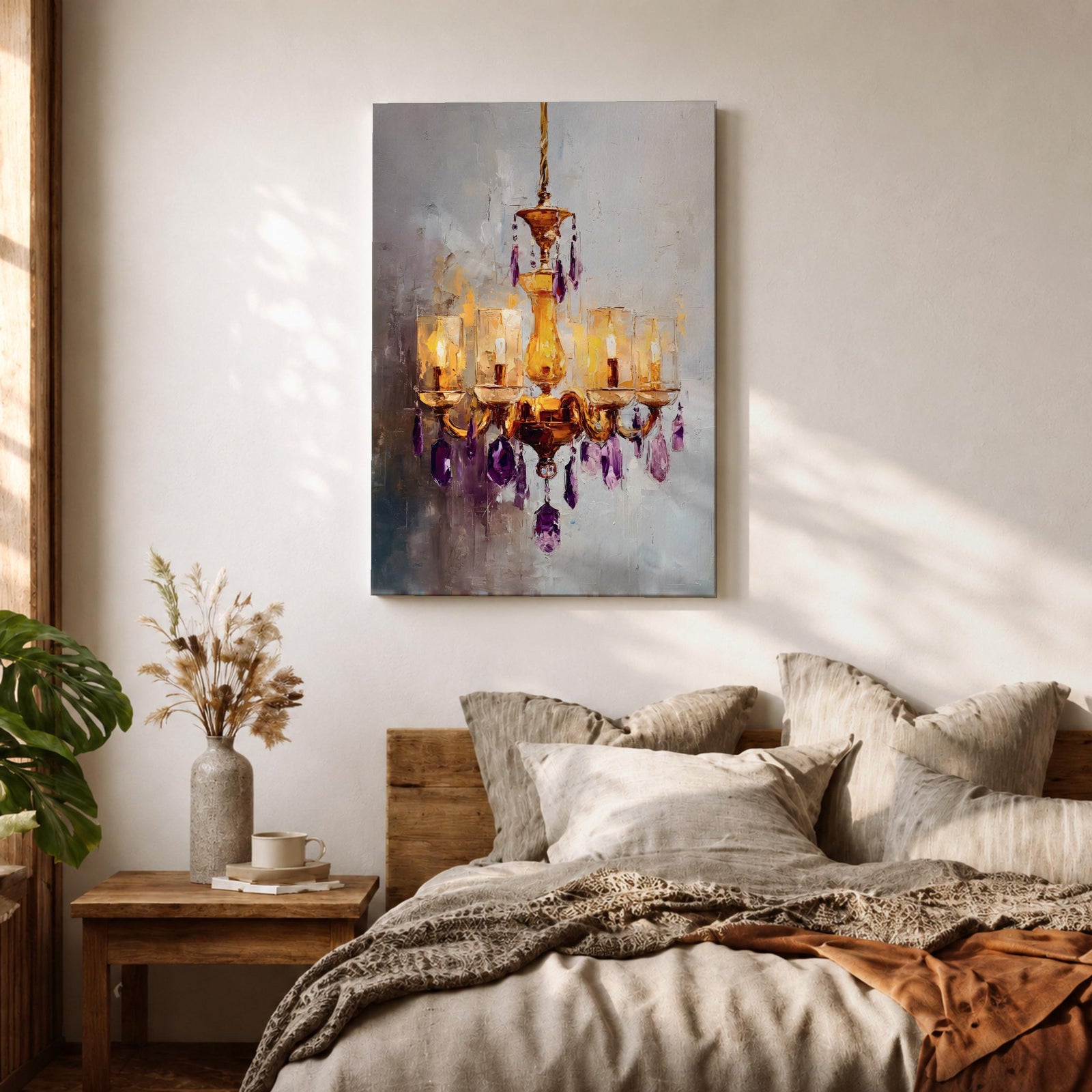 Chandelier Wall Art Modern Lighting Framed Canvas Purple Gold Crystal Abstract Elegant Wall Decor