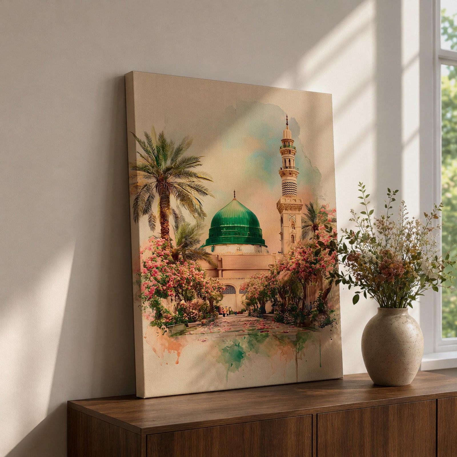 Prophet Mosque Wall Art Madinah Al Masjid Nabawi Islamic Framed Canvas Watercolor Floral Decor