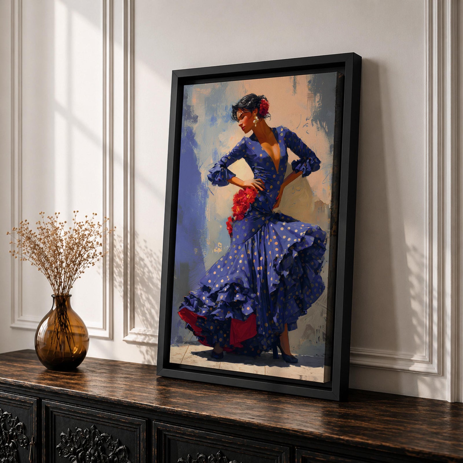 Flamenco Dancer Wall Art Spanish Dance Framed Canvas Polka Dot Dress Ruffled Skirt Decor