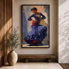 Flamenco Dancer Wall Art Spanish Dance Framed Canvas Polka Dot Dress Ruffled Skirt Decor