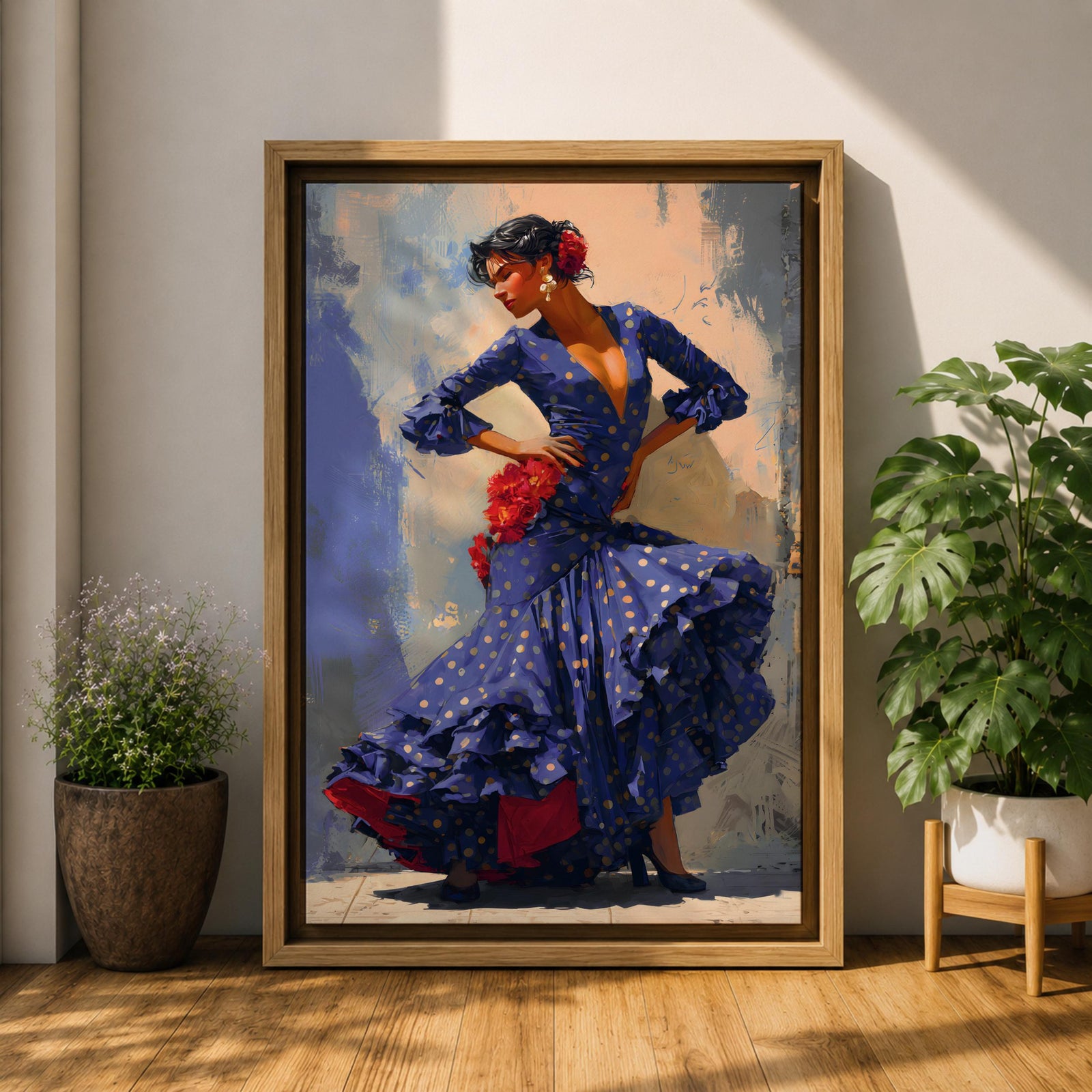 Flamenco Dancer Wall Art Spanish Dance Framed Canvas Polka Dot Dress Ruffled Skirt Decor