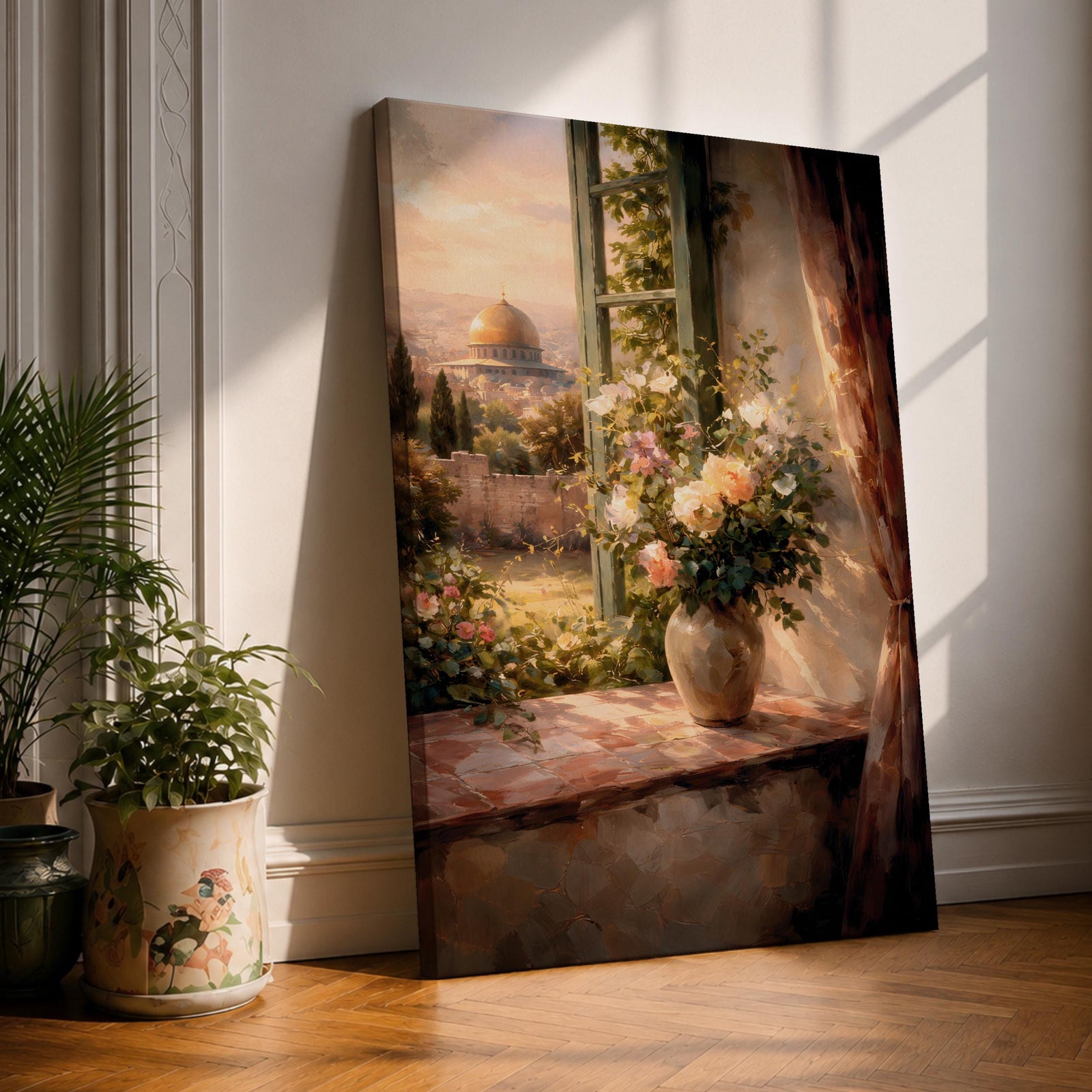 Masjid Al Aqsa Wall Art Floral Window Framed Canvas Jerusalem Mosque Middle Eastern Decor