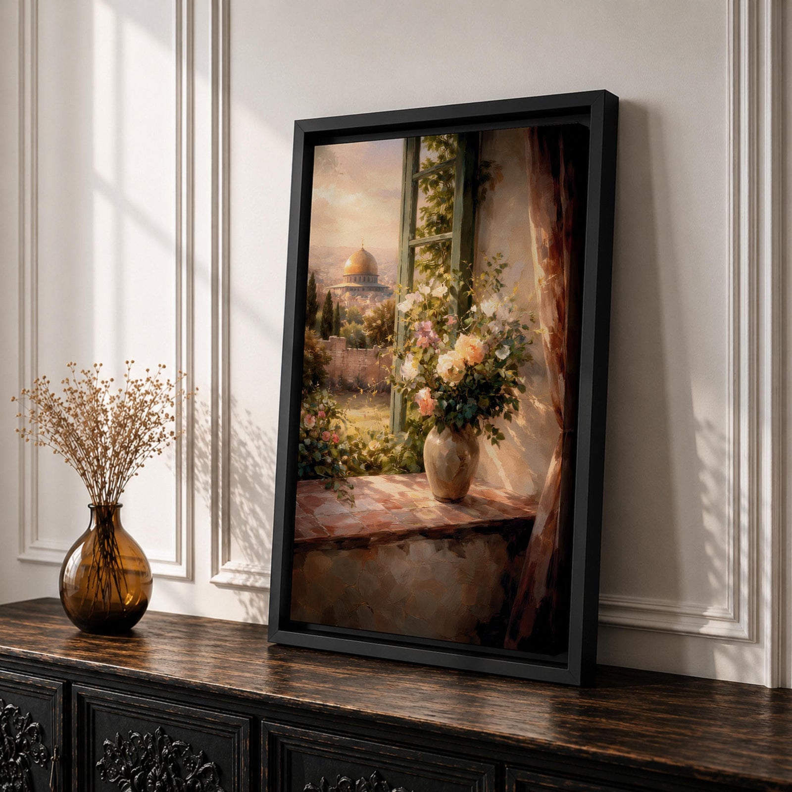 Masjid Al Aqsa Wall Art Floral Window Framed Canvas Jerusalem Mosque Middle Eastern Decor
