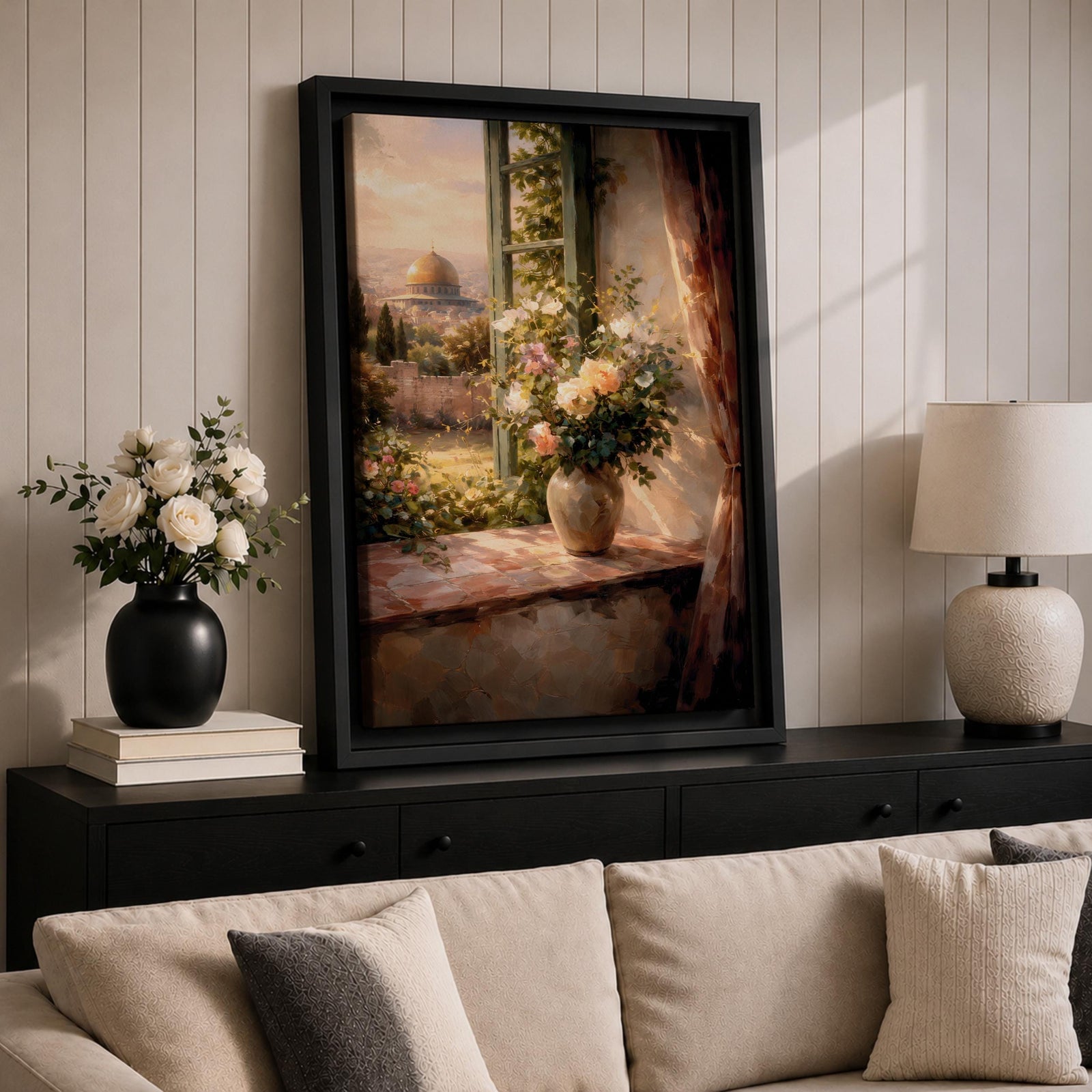 Masjid Al Aqsa Wall Art Floral Window Framed Canvas Jerusalem Mosque Middle Eastern Decor