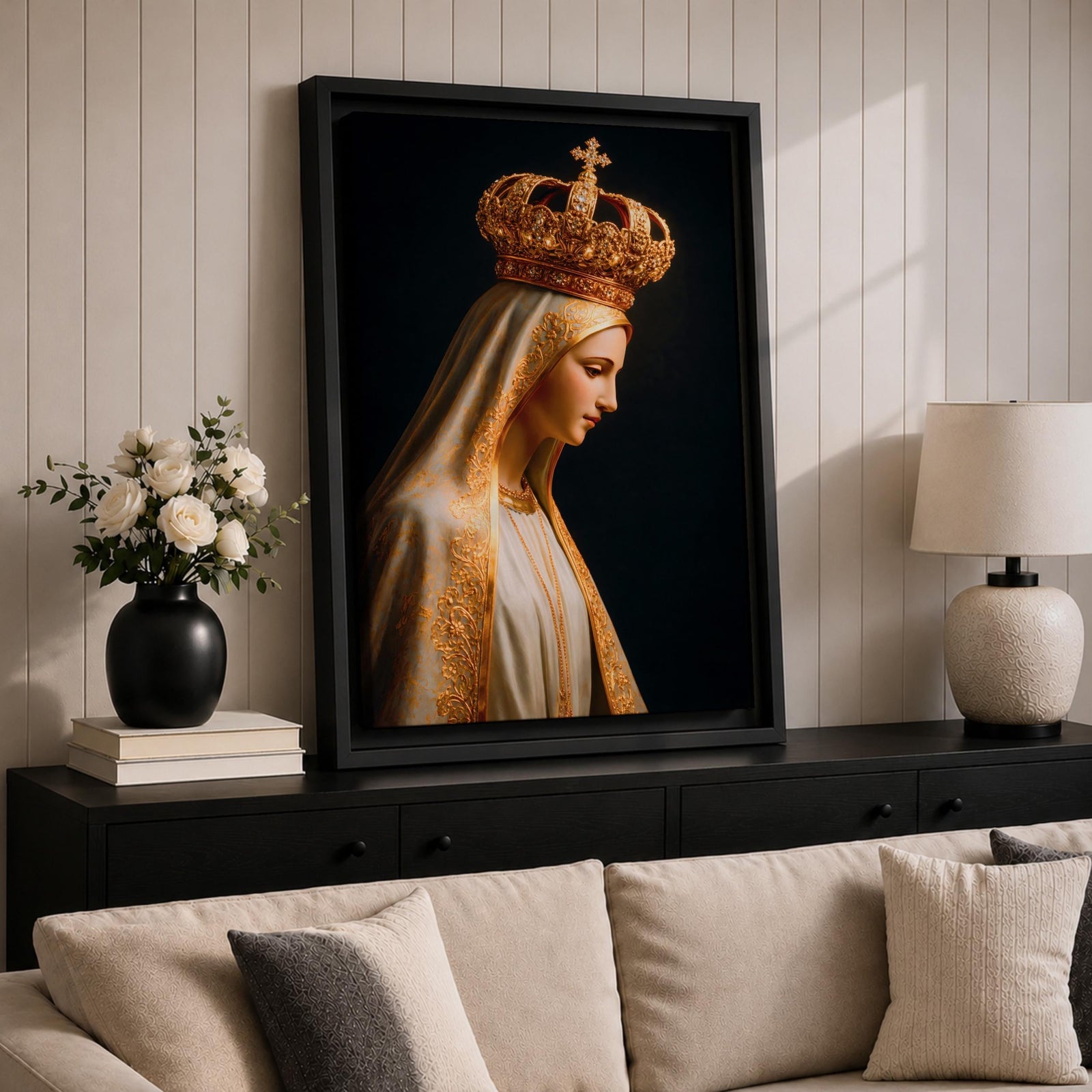 Virgin Mary Crowned Wall Art Queen of Heaven Madonna Canvas Catholic Gold Religious Decor
