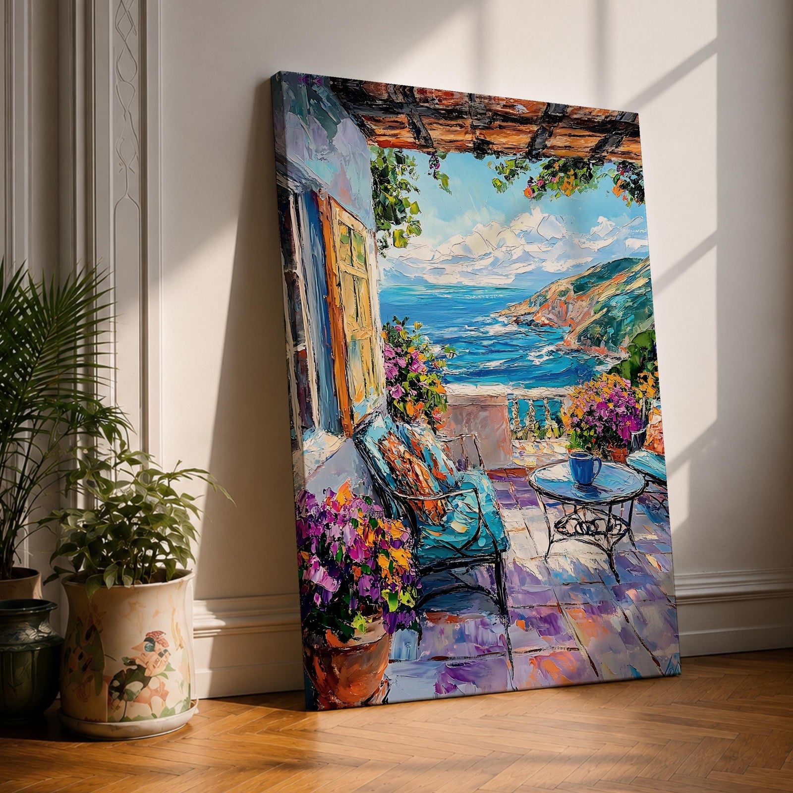 Mediterranean Terrace Wall Art Coastal Balcony Seaside Framed Canvas Ocean Landscape Living Room Decor