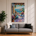 Mediterranean Terrace Wall Art Coastal Balcony Seaside Framed Canvas Ocean Landscape Living Room Decor