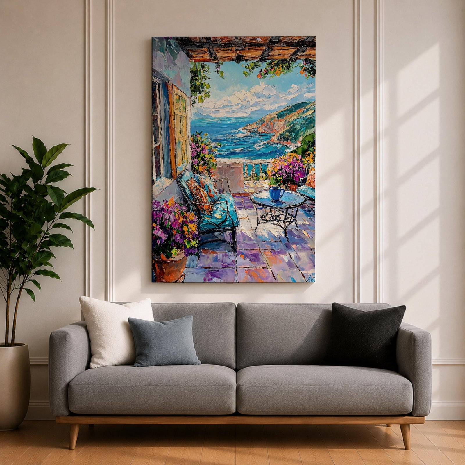 Mediterranean Terrace Wall Art Coastal Balcony Seaside Framed Canvas Ocean Landscape Living Room Decor