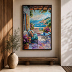 Mediterranean Terrace Wall Art Coastal Balcony Seaside Framed Canvas Ocean Landscape Living Room Decor
