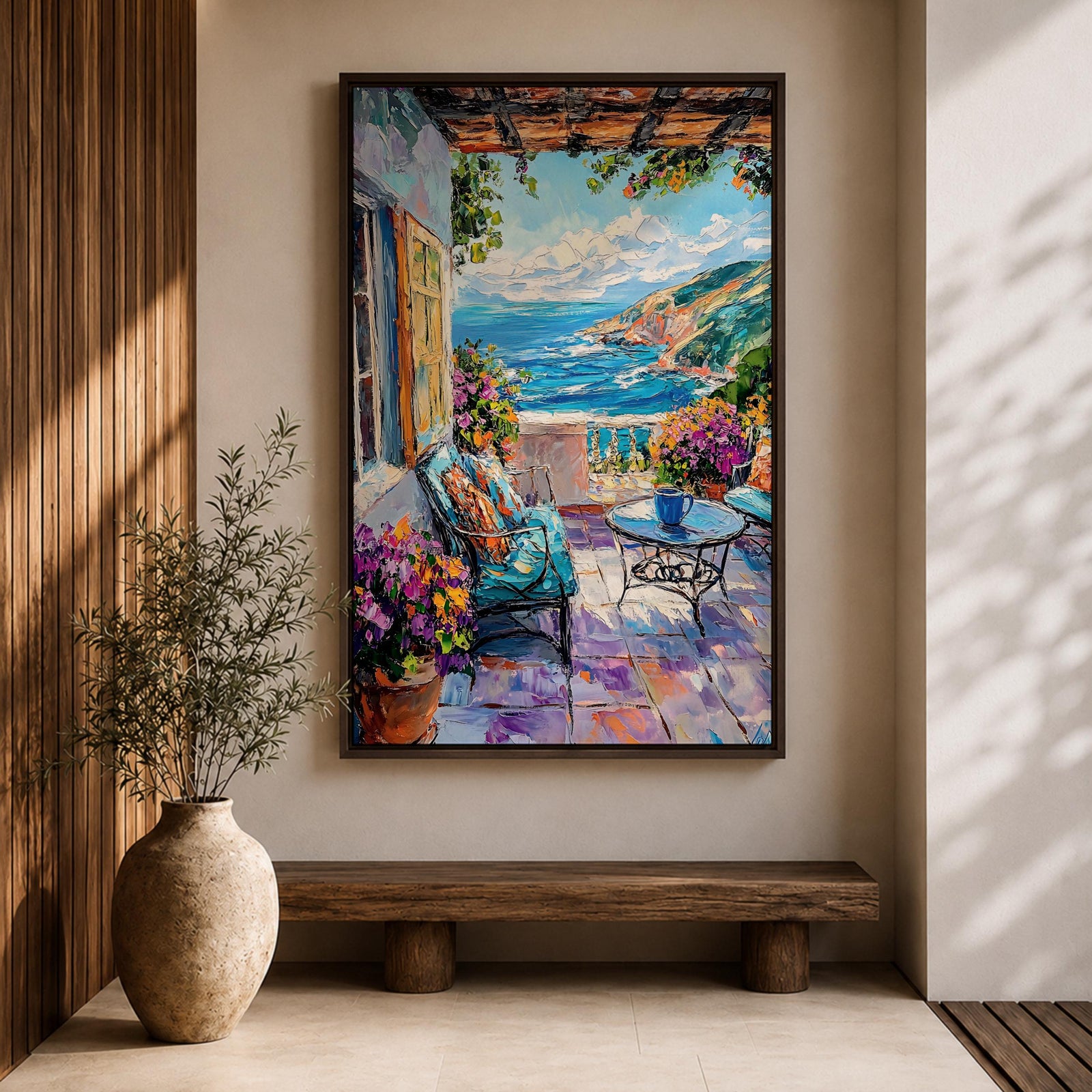 Mediterranean Terrace Wall Art Coastal Balcony Seaside Framed Canvas Ocean Landscape Living Room Decor