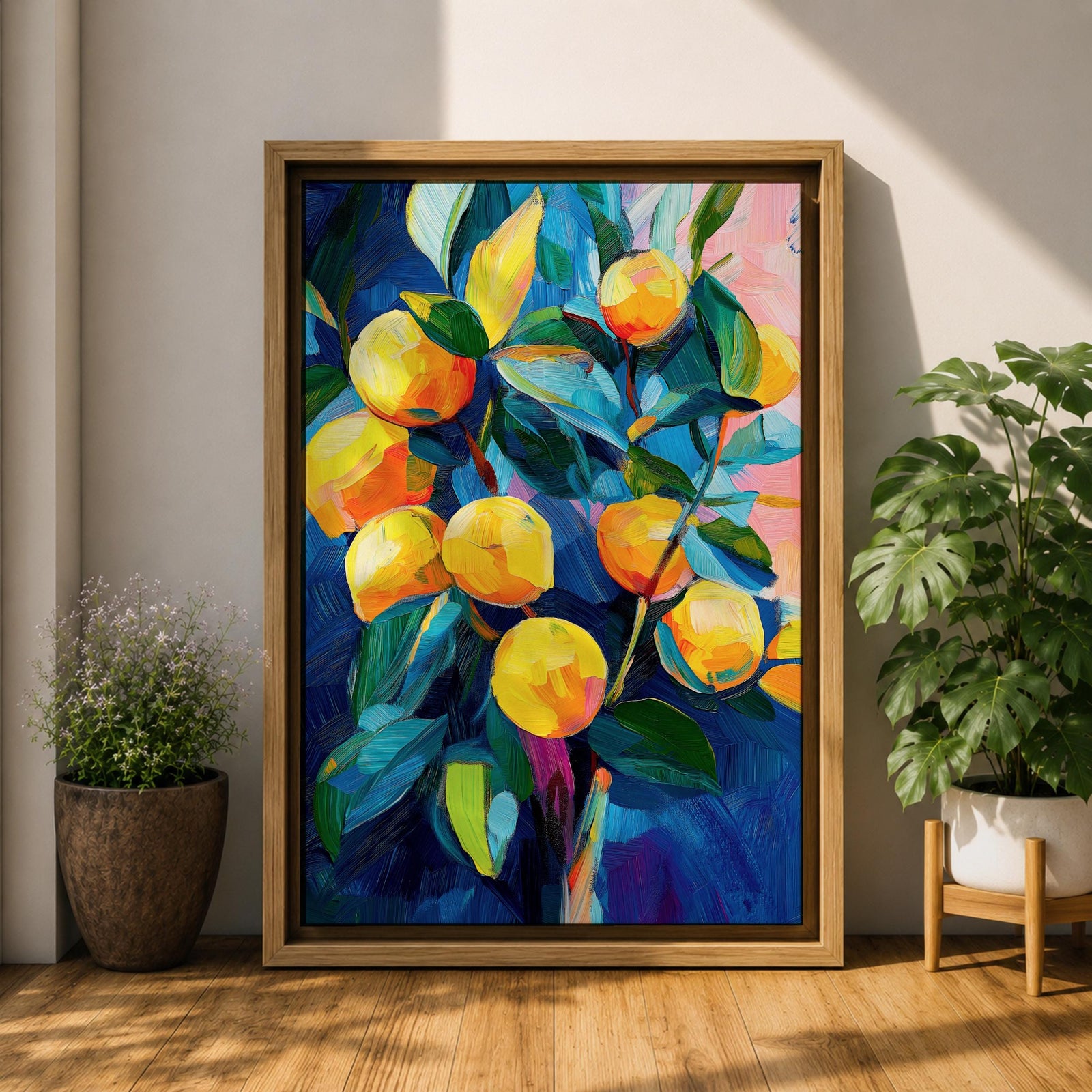 Lemon Tree Wall Art Citrus Fruit Framed Canvas Mediterranean Impasto Botanical Kitchen Home Decor