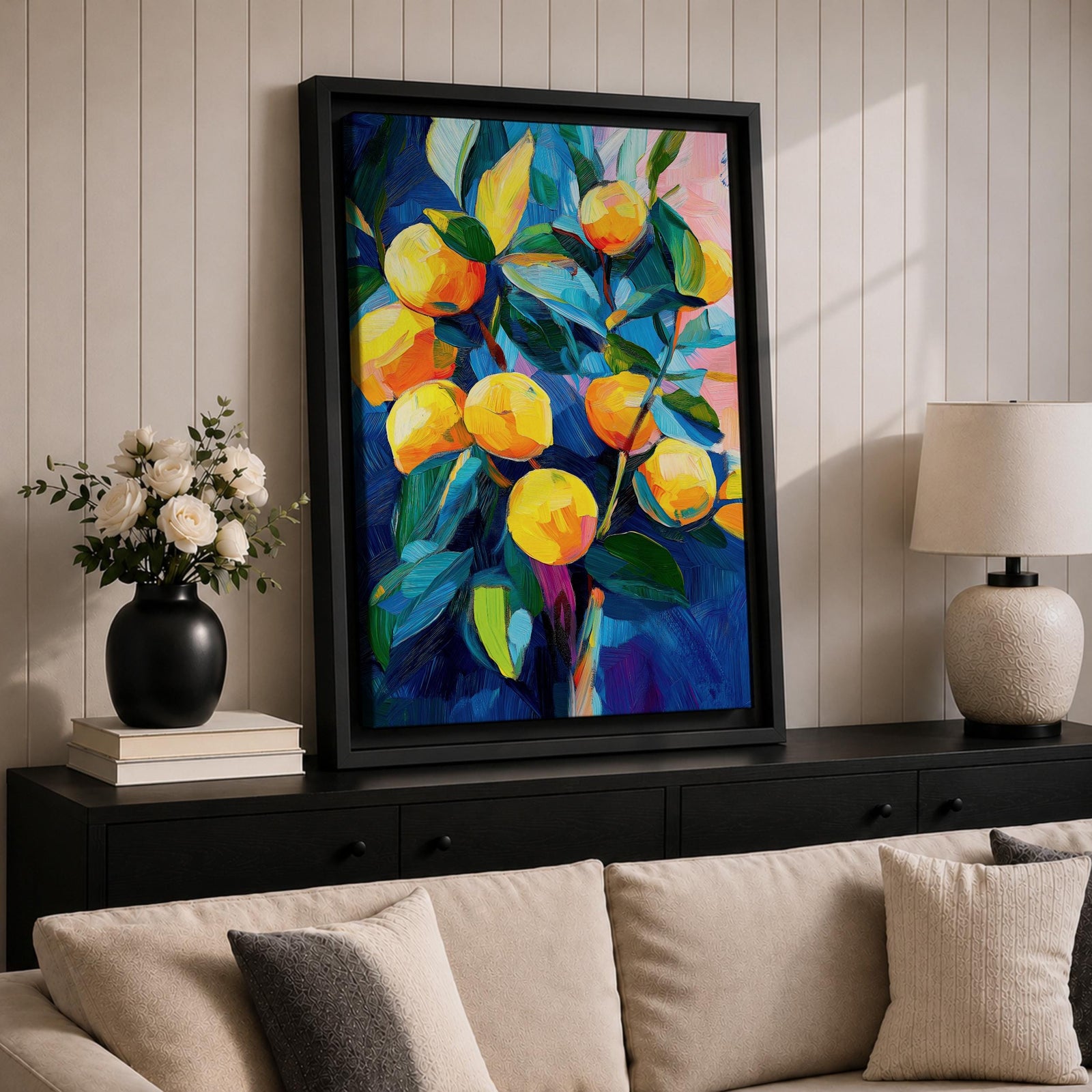Lemon Tree Wall Art Citrus Fruit Framed Canvas Mediterranean Impasto Botanical Kitchen Home Decor