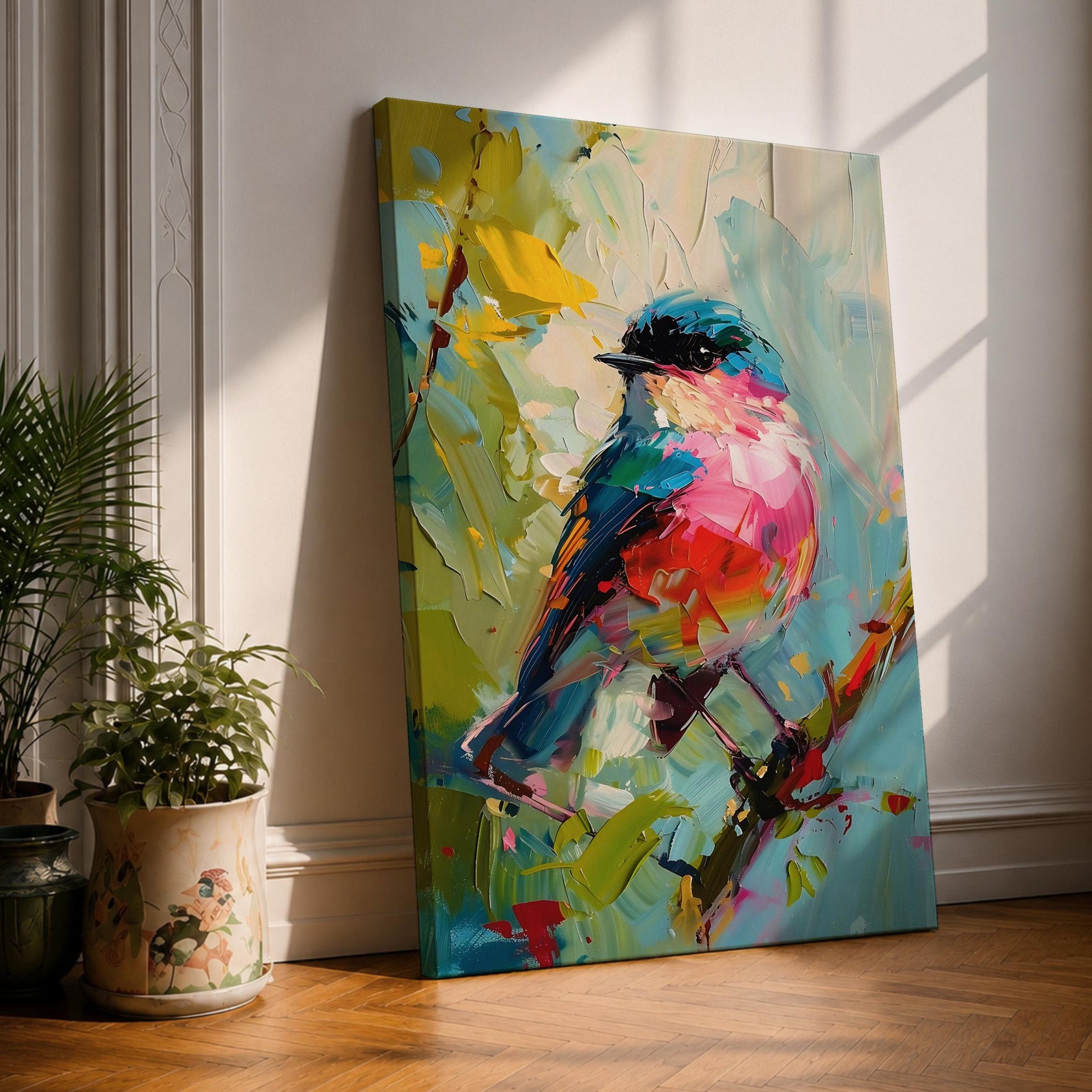 Songbird Wall Art Modern Bird Painting Framed Canvas Wildlife Impasto Living Room Decor