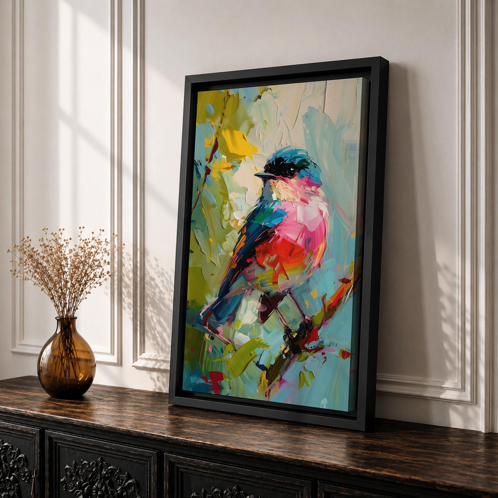 Songbird Wall Art Modern Bird Painting Framed Canvas Wildlife Impasto Living Room Decor