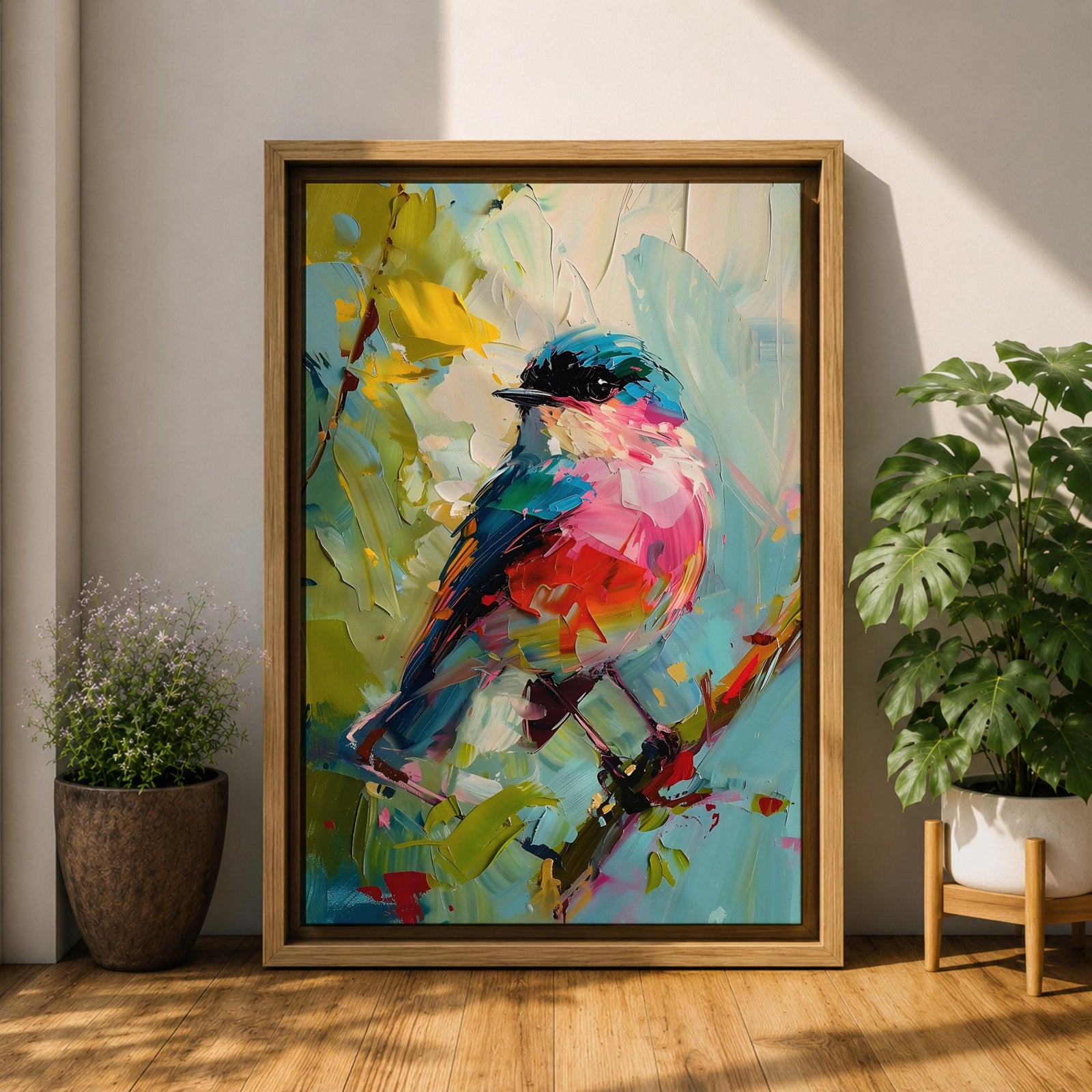 Songbird Wall Art Modern Bird Painting Framed Canvas Wildlife Impasto Living Room Decor