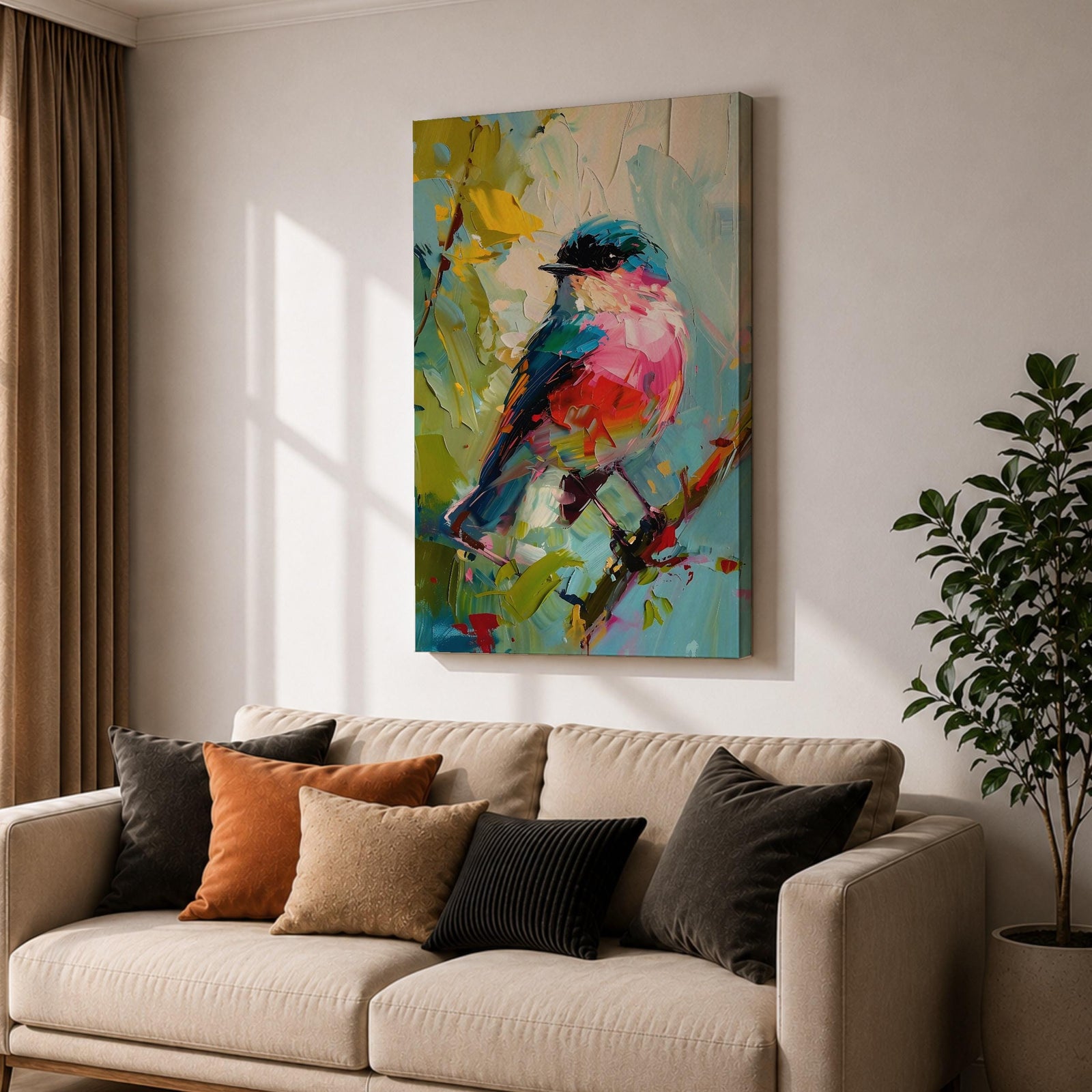 Songbird Wall Art Modern Bird Painting Framed Canvas Wildlife Impasto Living Room Decor