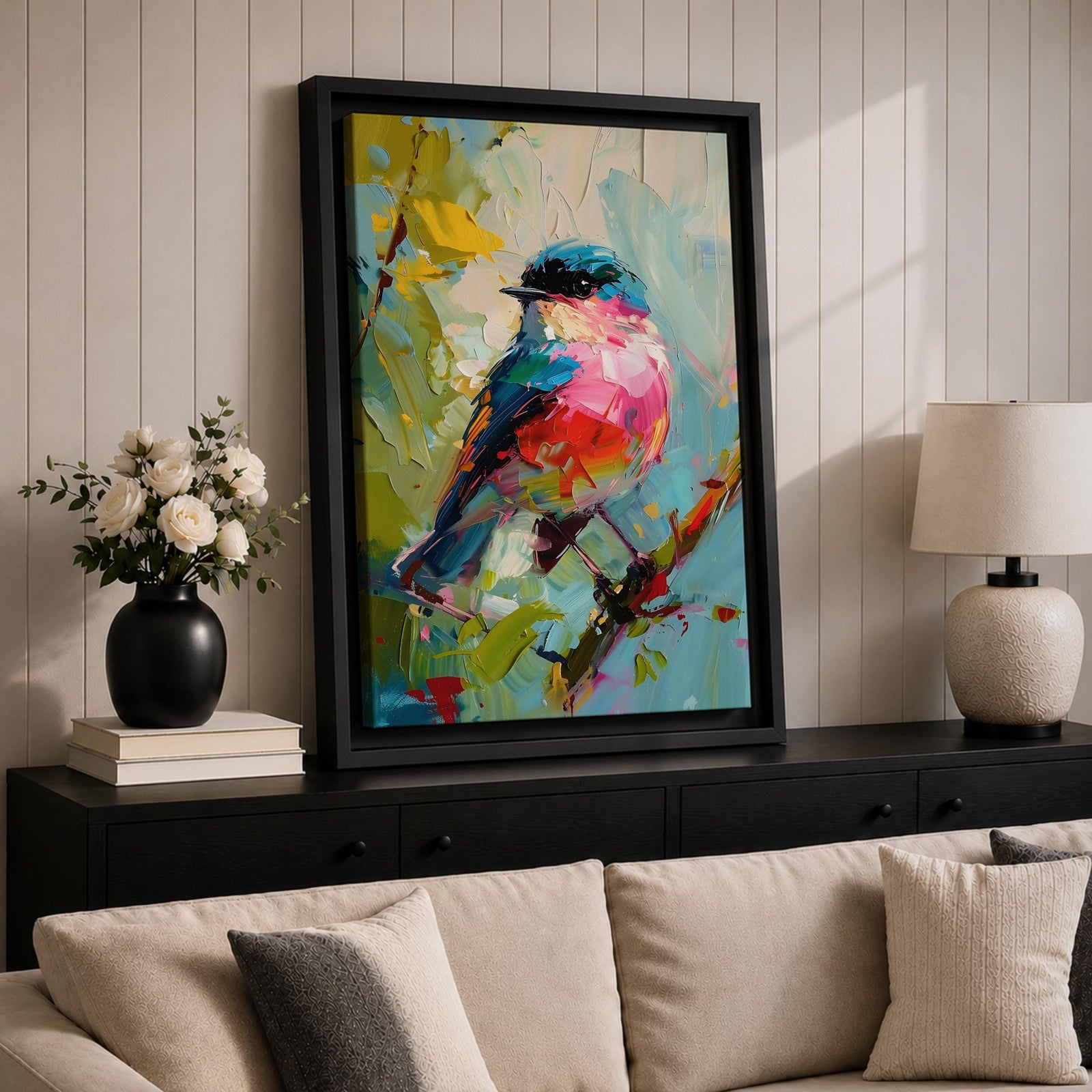 Songbird Wall Art Modern Bird Painting Framed Canvas Wildlife Impasto Living Room Decor