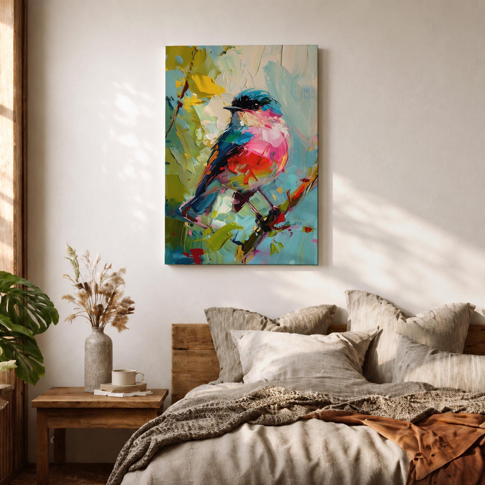 Songbird Wall Art Modern Bird Painting Framed Canvas Wildlife Impasto Living Room Decor