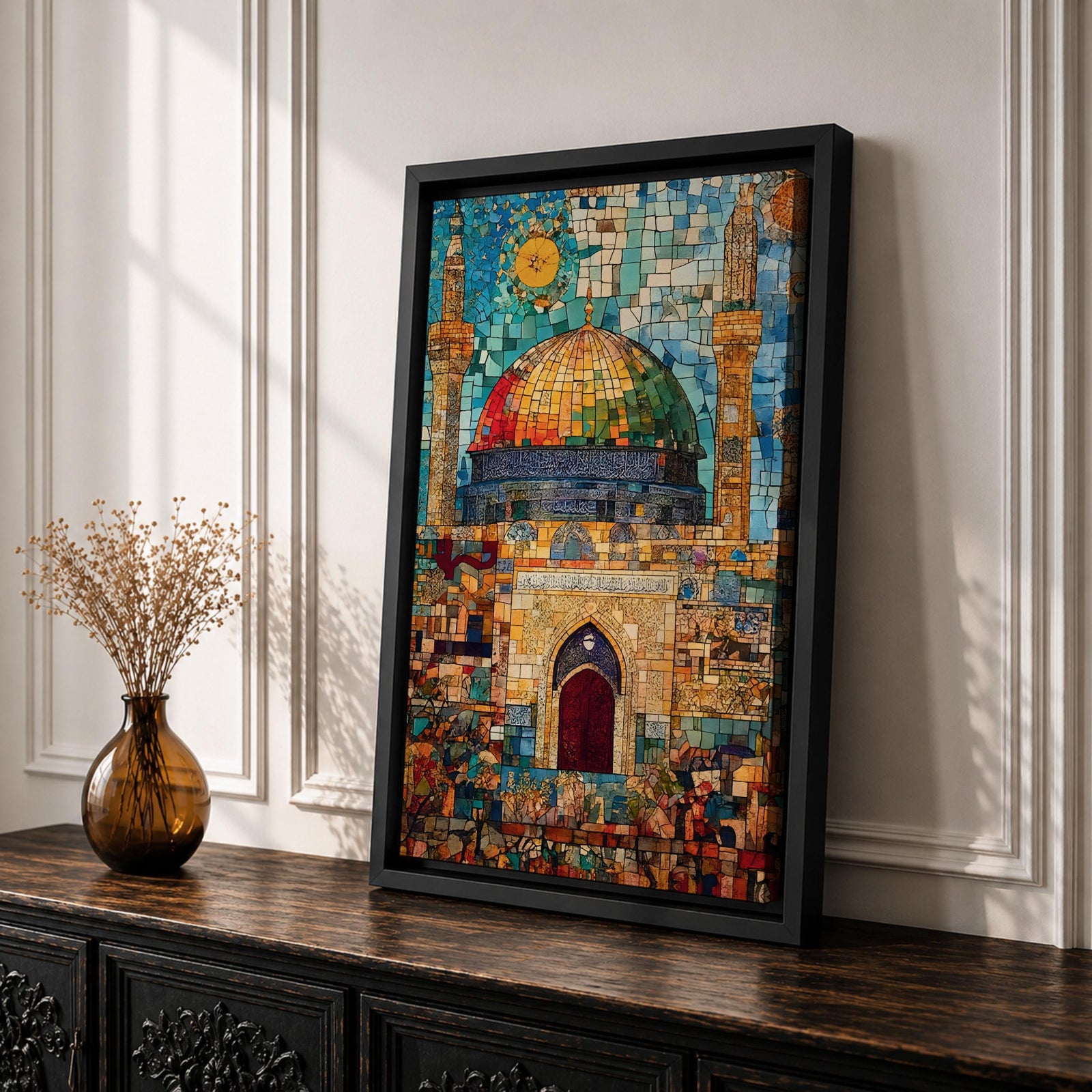 Dome of the Rock Wall Art Jerusalem Al-Aqsa Islamic Framed Canvas Mosaic Mosque Decor