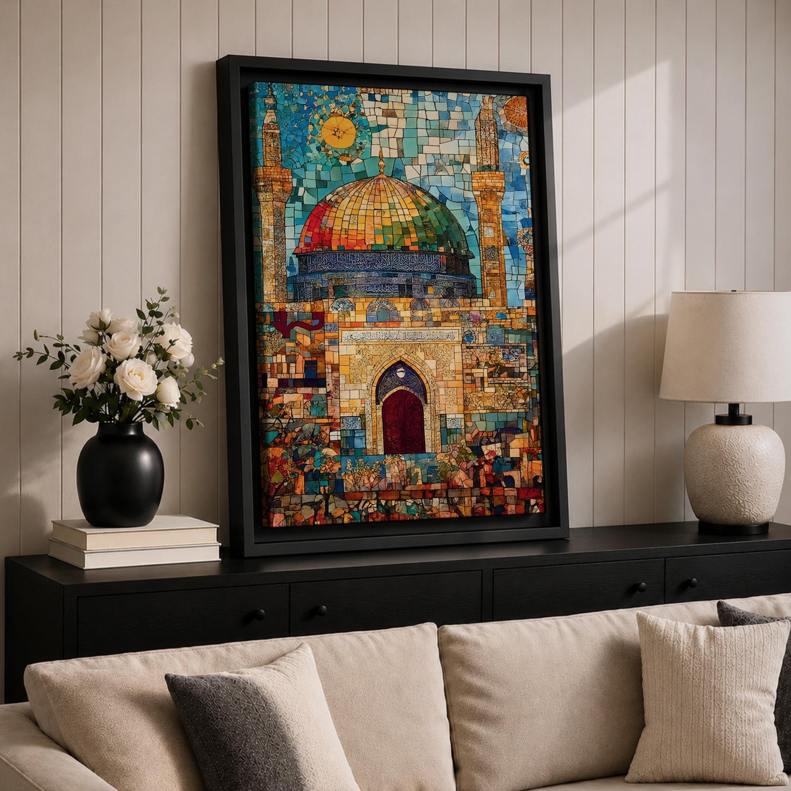 Dome of the Rock Wall Art Jerusalem Al-Aqsa Islamic Framed Canvas Mosaic Mosque Decor
