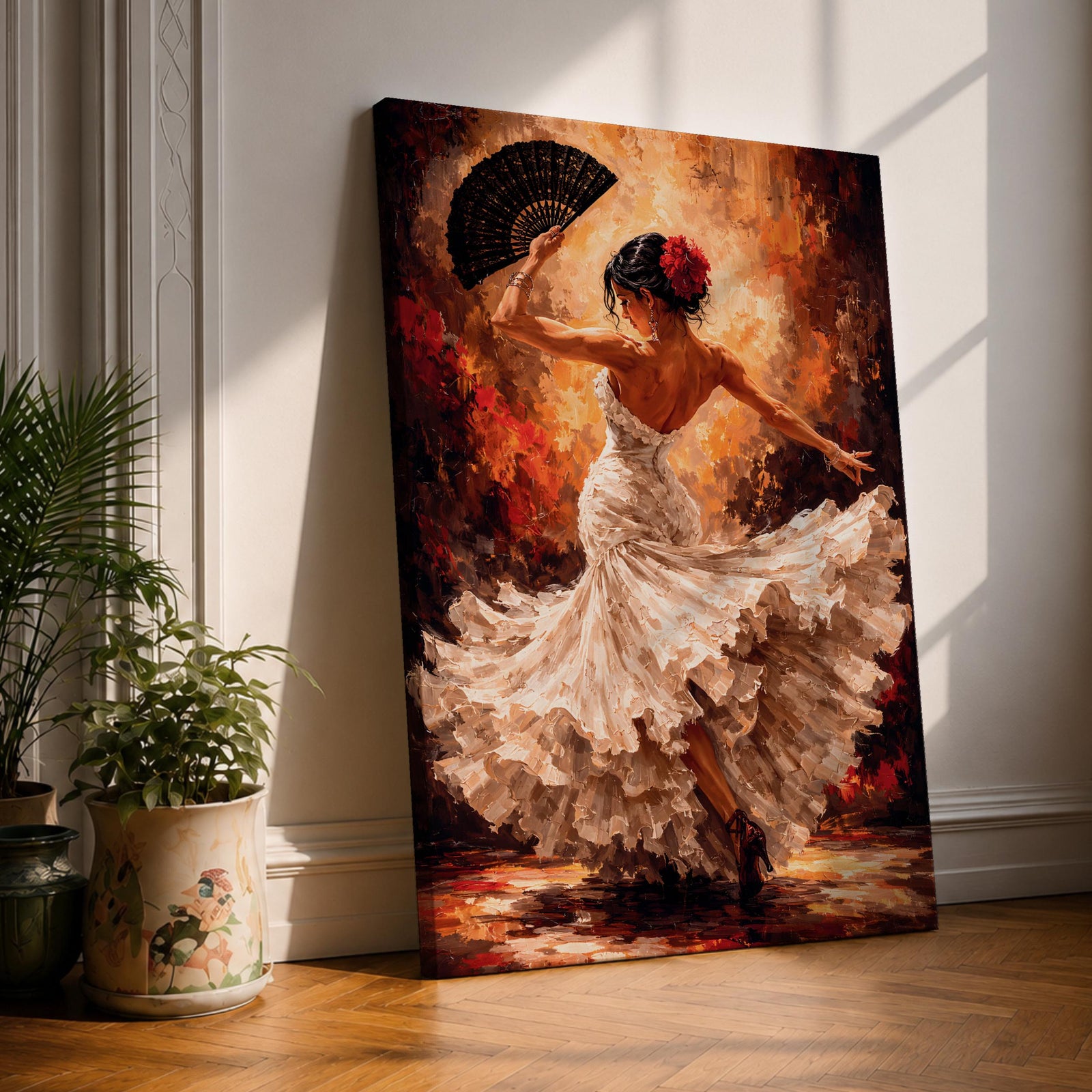 Flamenco Dancer Wall Art Spanish Dance Framed Canvas White Dress Fan Movement Decor