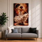 Flamenco Dancer Wall Art Spanish Dance Framed Canvas White Dress Fan Movement Decor
