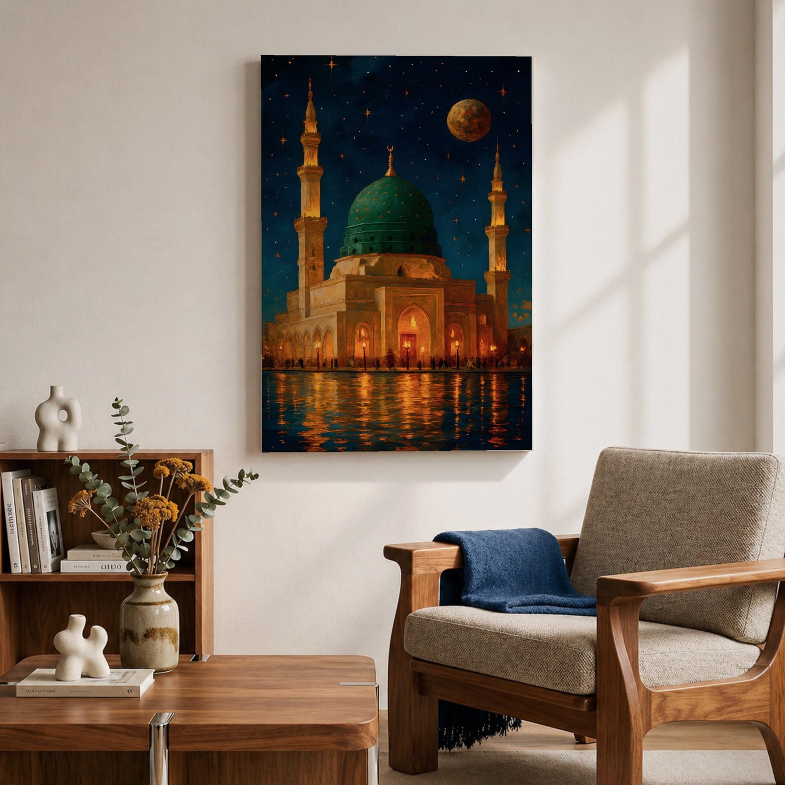 Prophet Mosque Wall Art Madinah Night Scene Framed Canvas Al Masjid Nabawi Islamic Decor