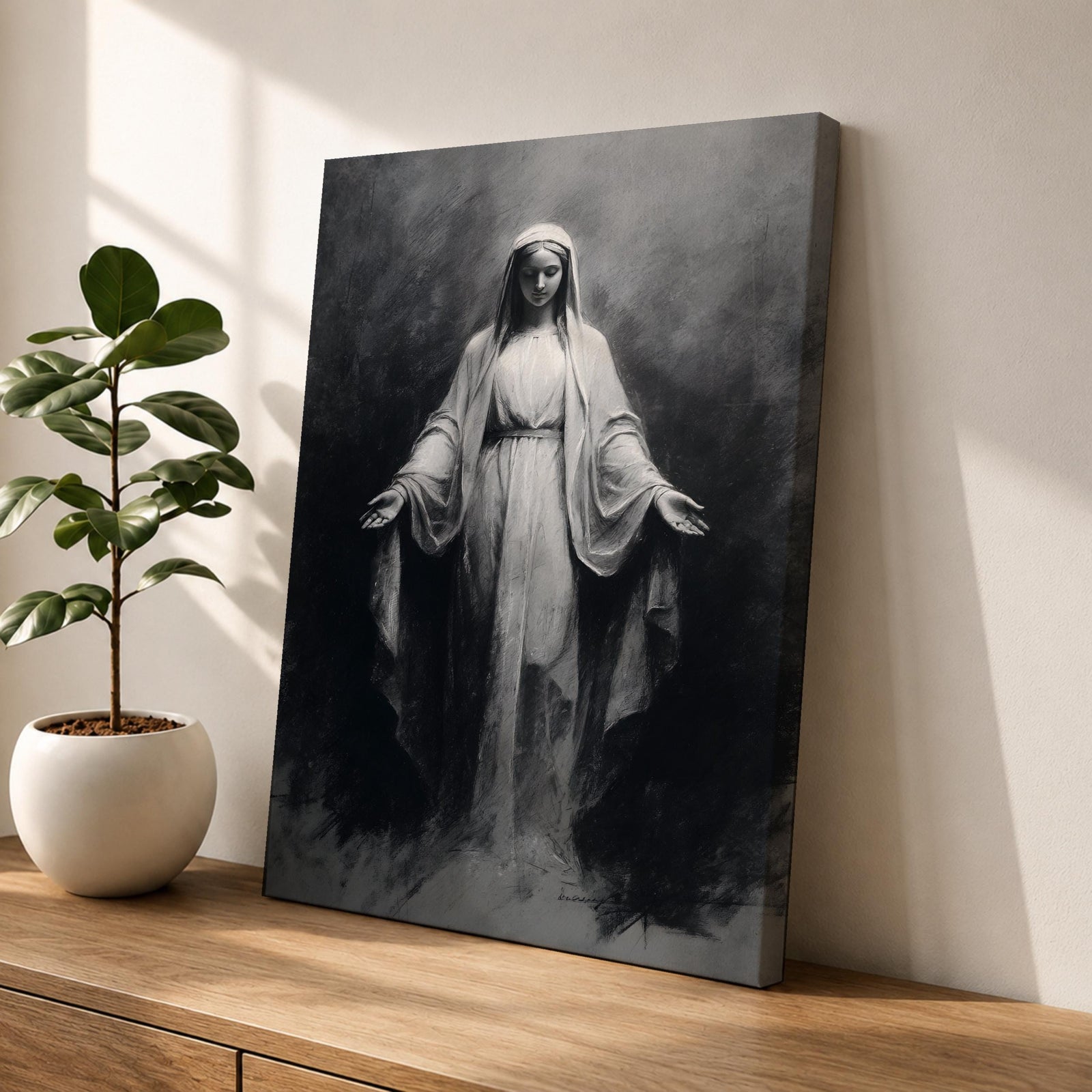 Our Lady of Lourdes Wall Art Virgin Mary Framed Canvas Minimalist Catholic Christian Decor