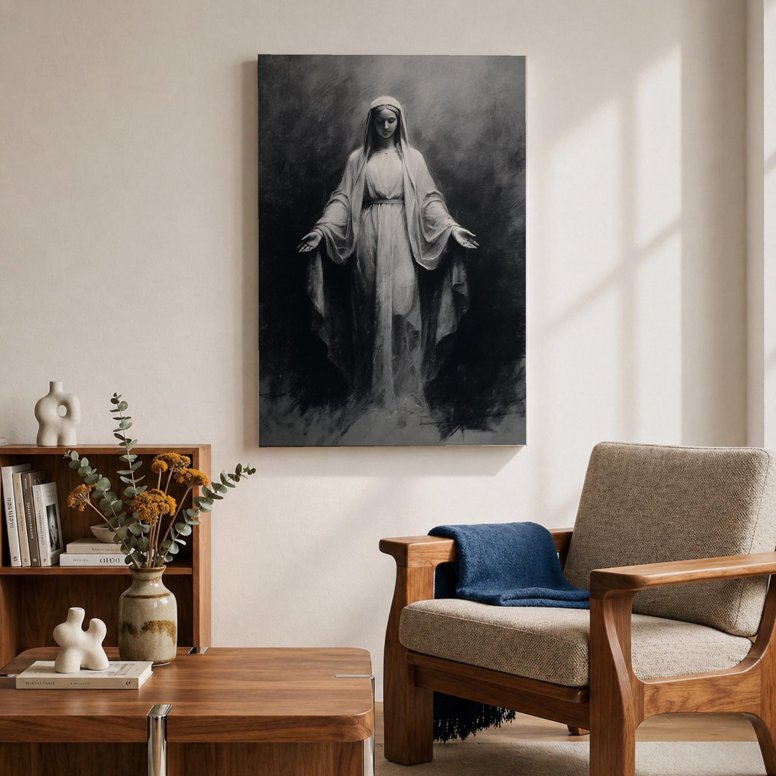 Our Lady of Lourdes Wall Art Virgin Mary Framed Canvas Minimalist Catholic Christian Decor