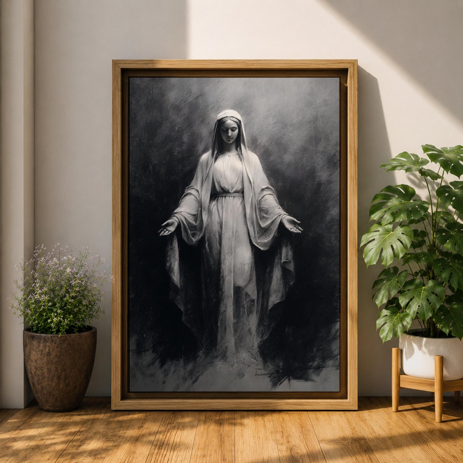 Our Lady of Lourdes Wall Art Virgin Mary Framed Canvas Minimalist Catholic Christian Decor